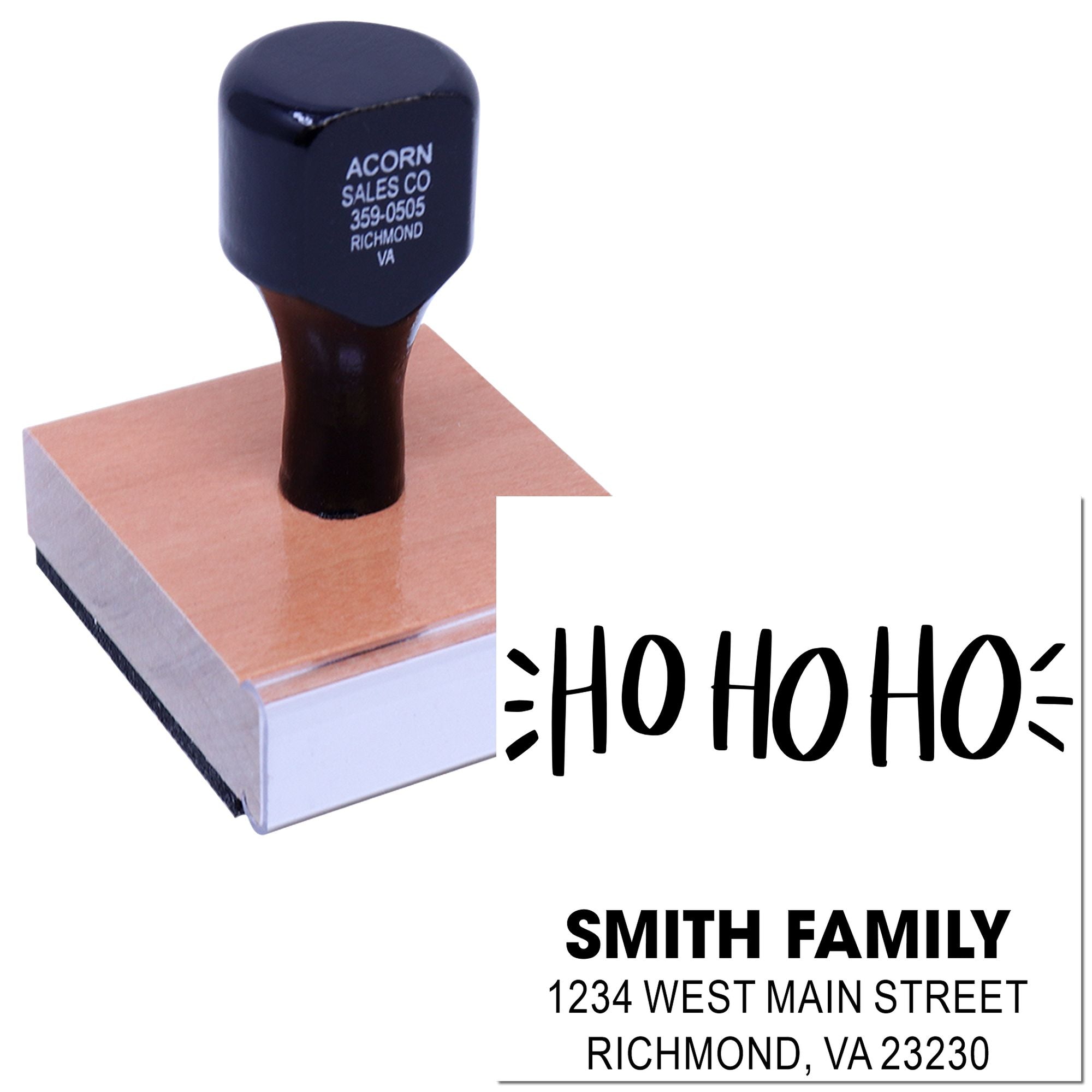 Custom Christmas address rubber stamp with HO HO HO and Smith family return address for holiday mailings.