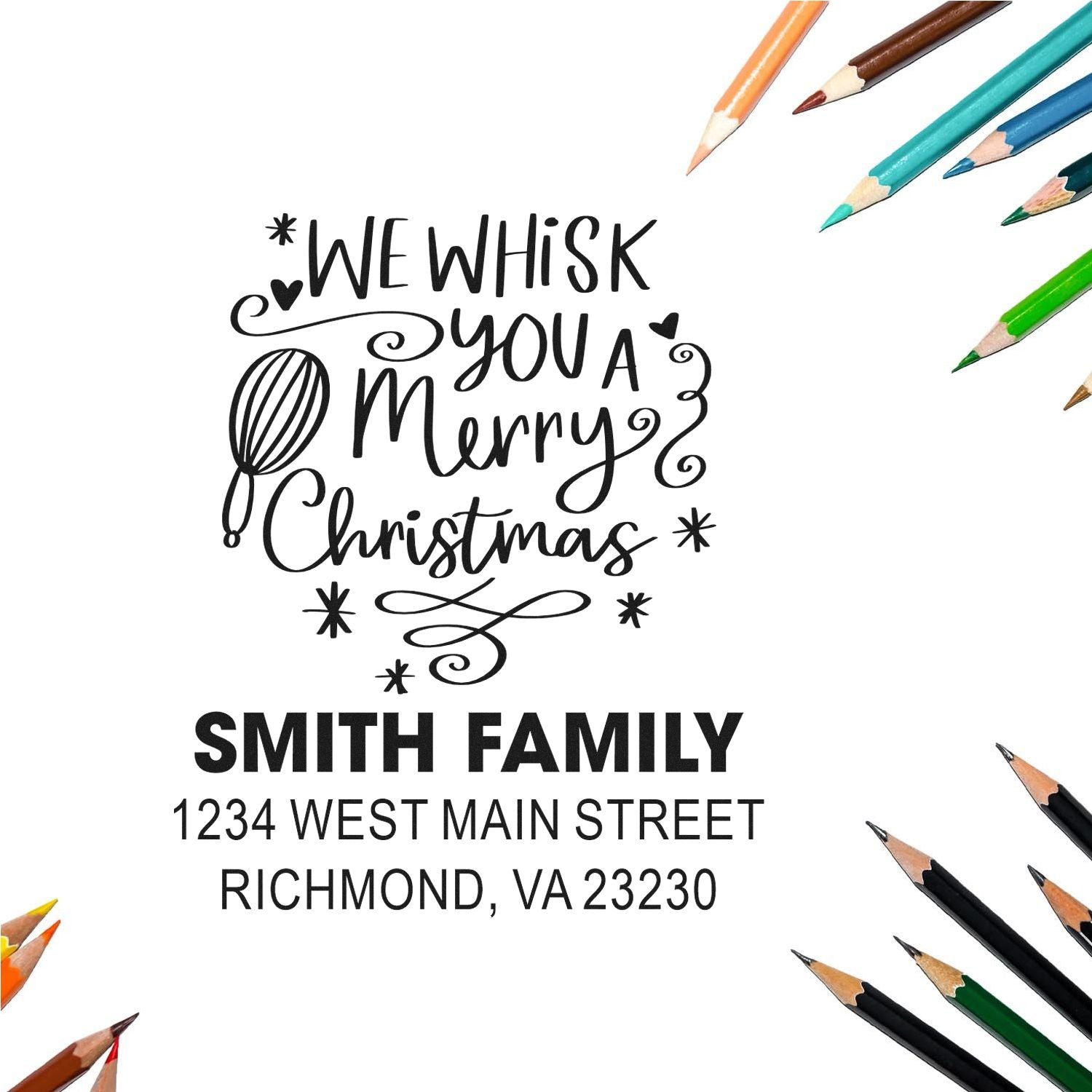 Custom Christmas rubber stamp with We Wish You a Merry Christmas and personalized family return address for holiday cards.
