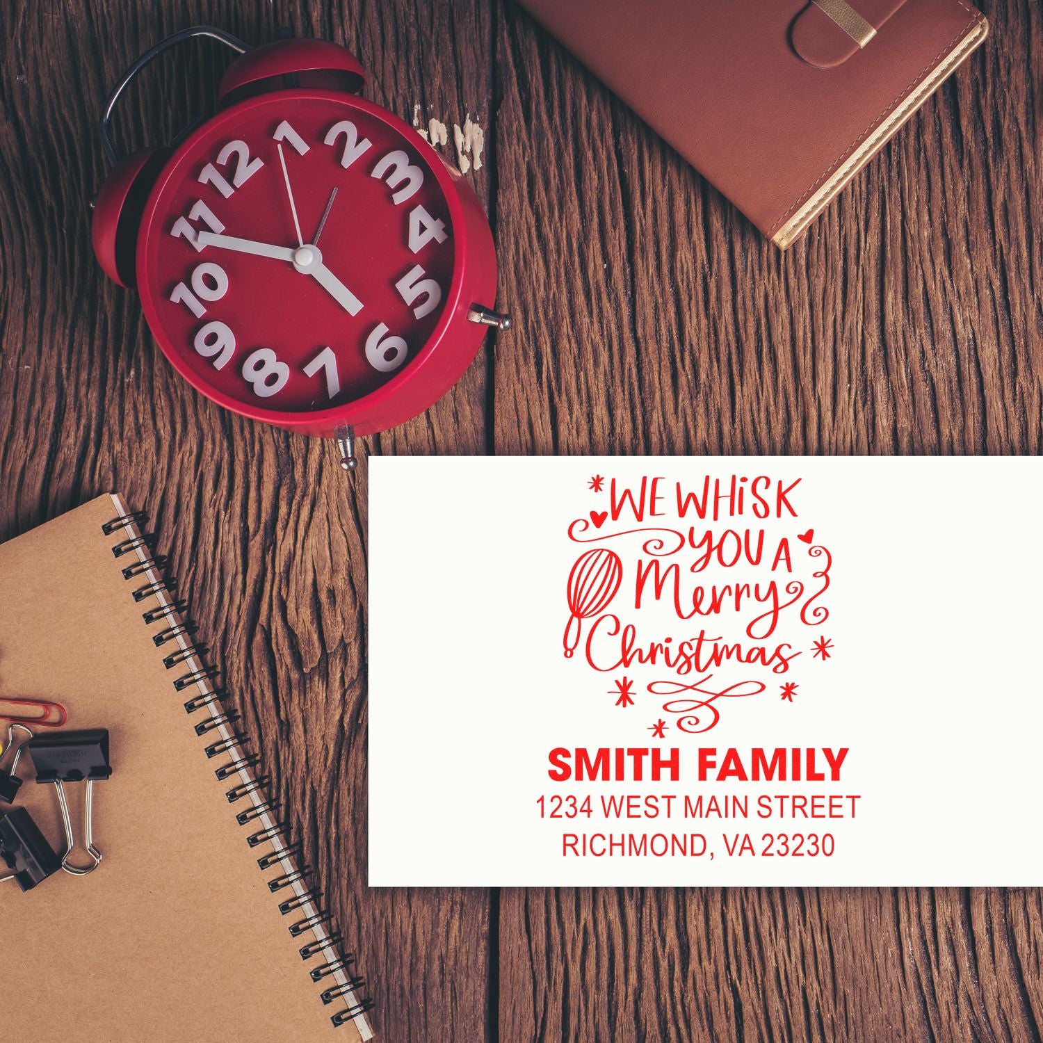 Custom rubber stamp design for holiday mailings: We whisk you a Merry Christmas Smith Family return address stamp.