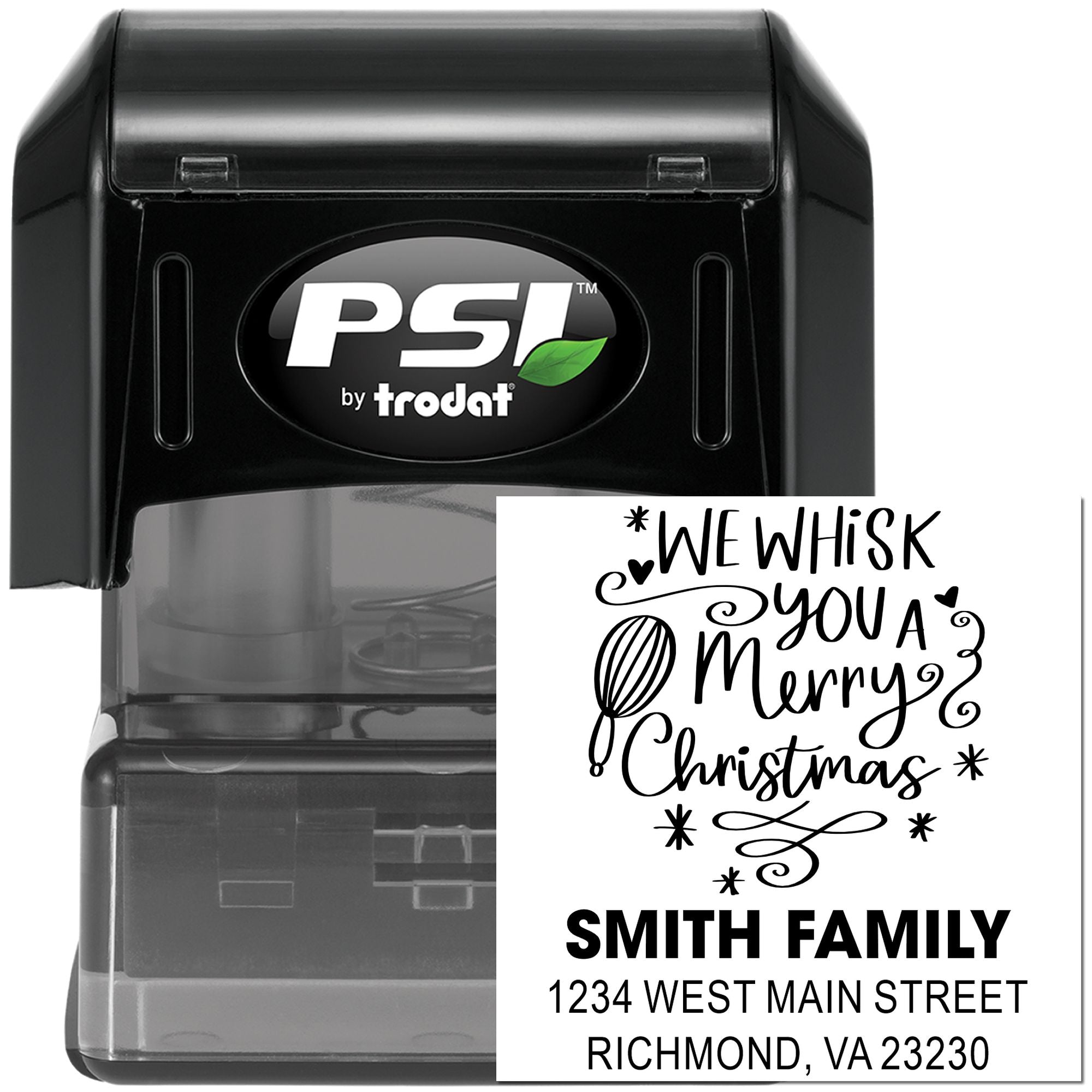 Custom Christmas return address rubber stamp with We Whisk You a Merry Christmas design for family holiday cards
