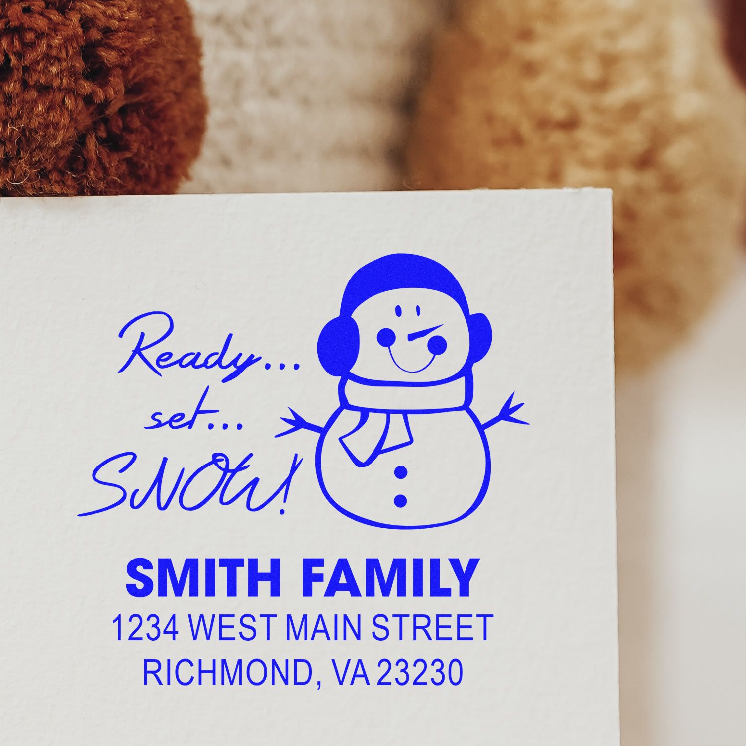 Personalized holiday address rubber stamp with snowman design and Ready... set... SNOW! for Smith Family mail.