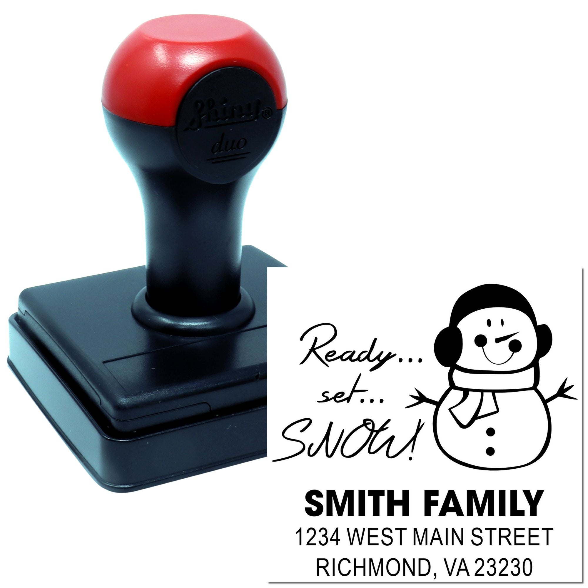Custom holiday return address rubber stamp with snowman and Smith family mailing design