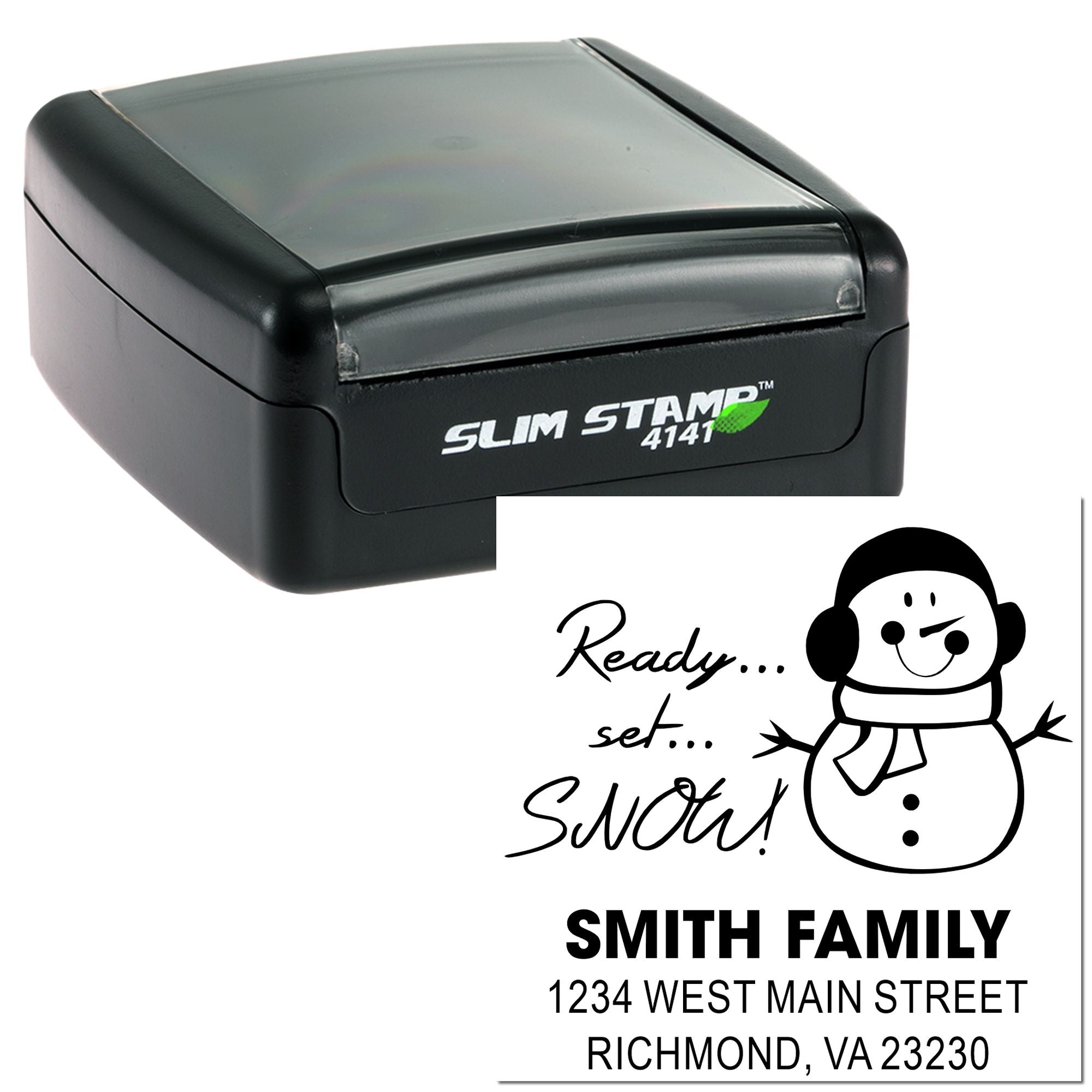 Custom self-inking rubber address stamp with snowman design and Smith Family return address for holiday mail.