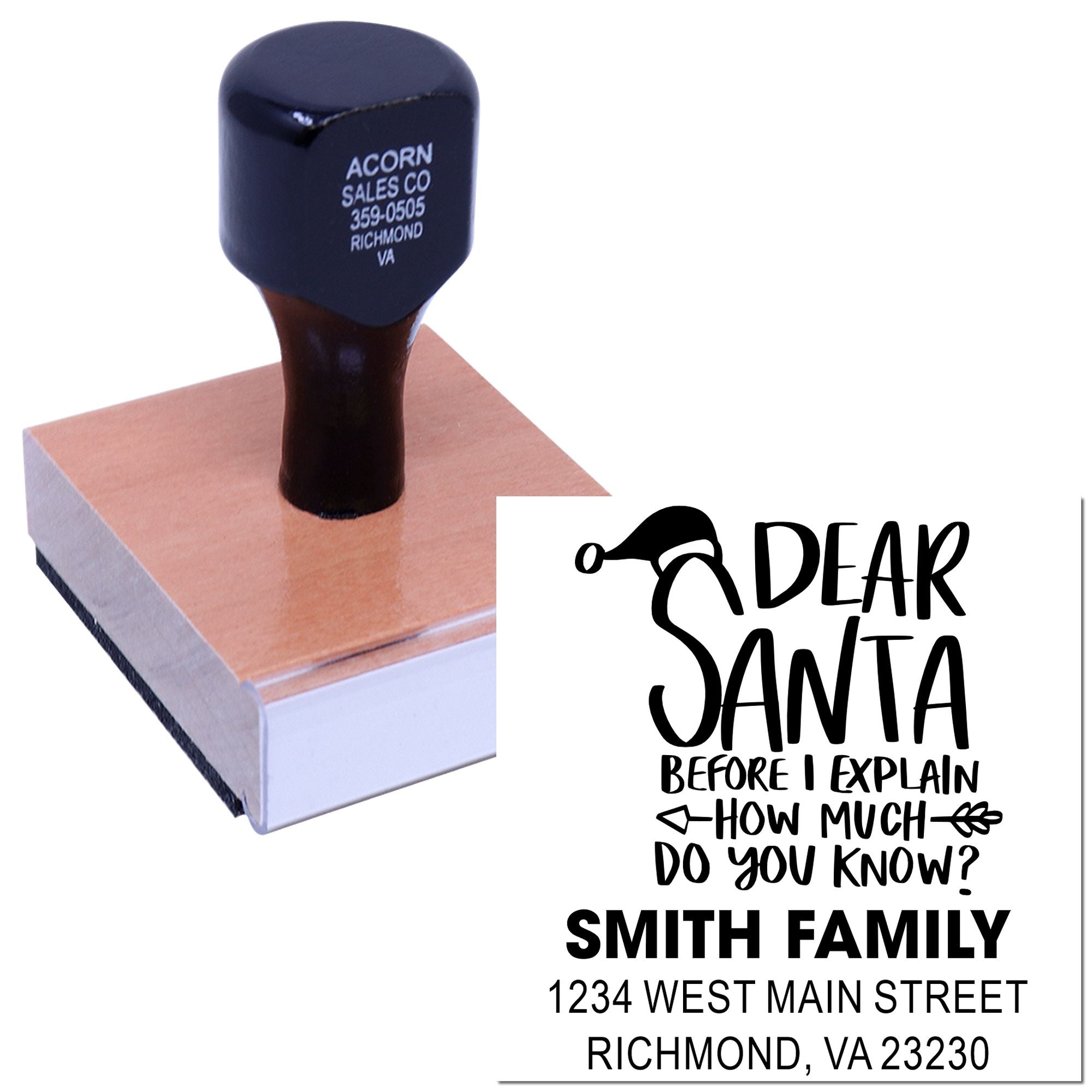 Custom rubber address stamp with Dear Santa family design and return address for holiday cards.