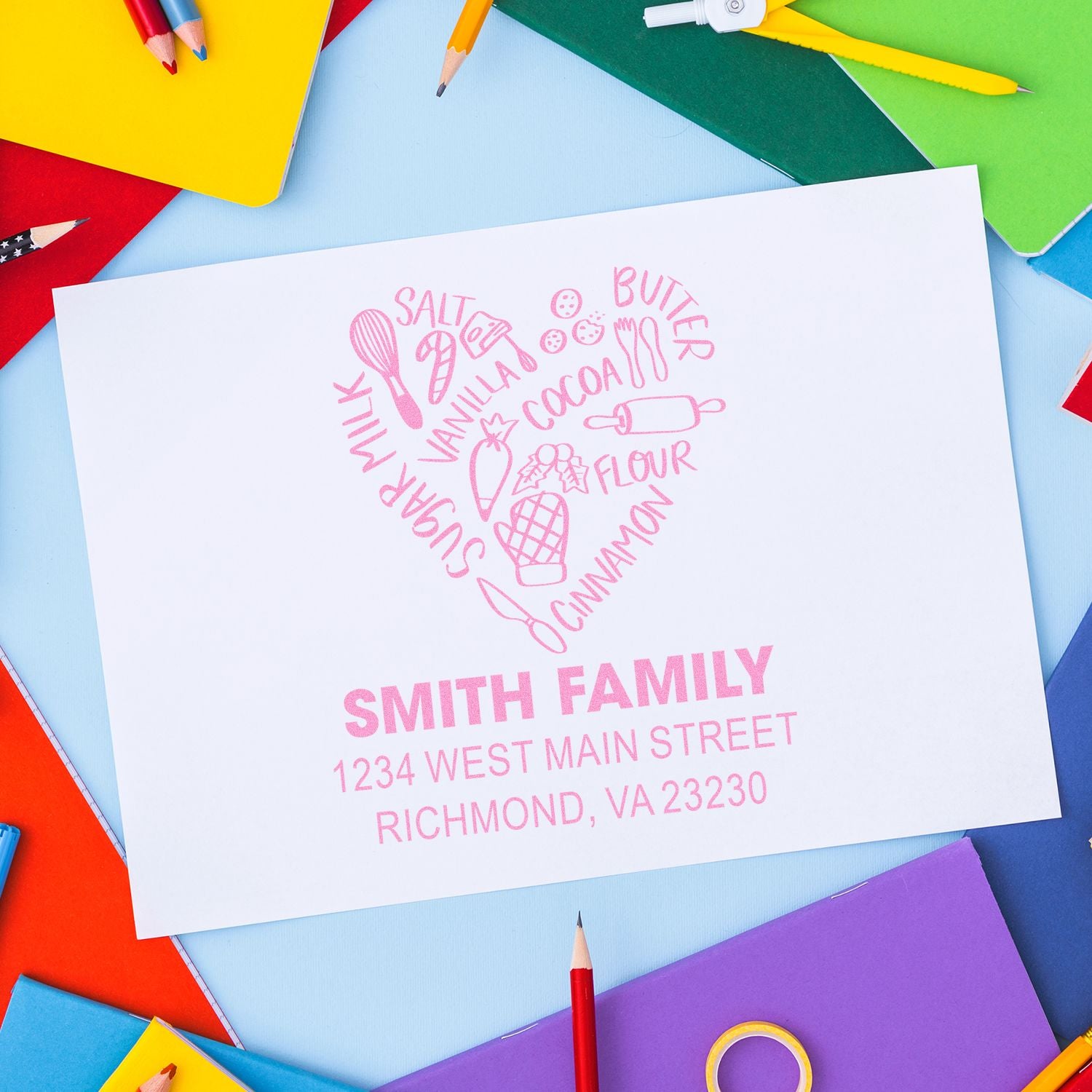 Personalized rubber stamp with heart-shaped baking motif and Smith family return address for envelopes.
