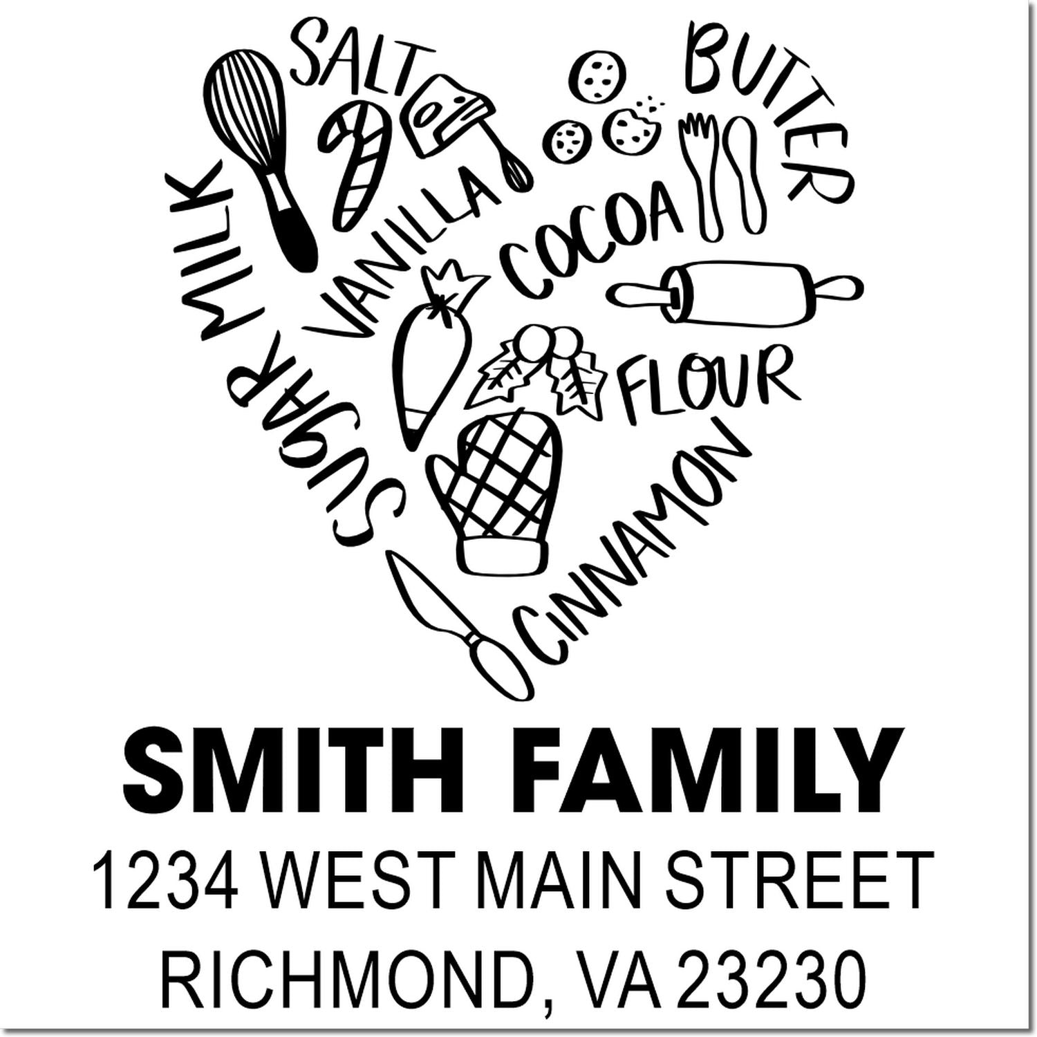 Custom baking-themed return address rubber stamp with heart design, Smith Family name, and Richmond, VA 23230 address.
