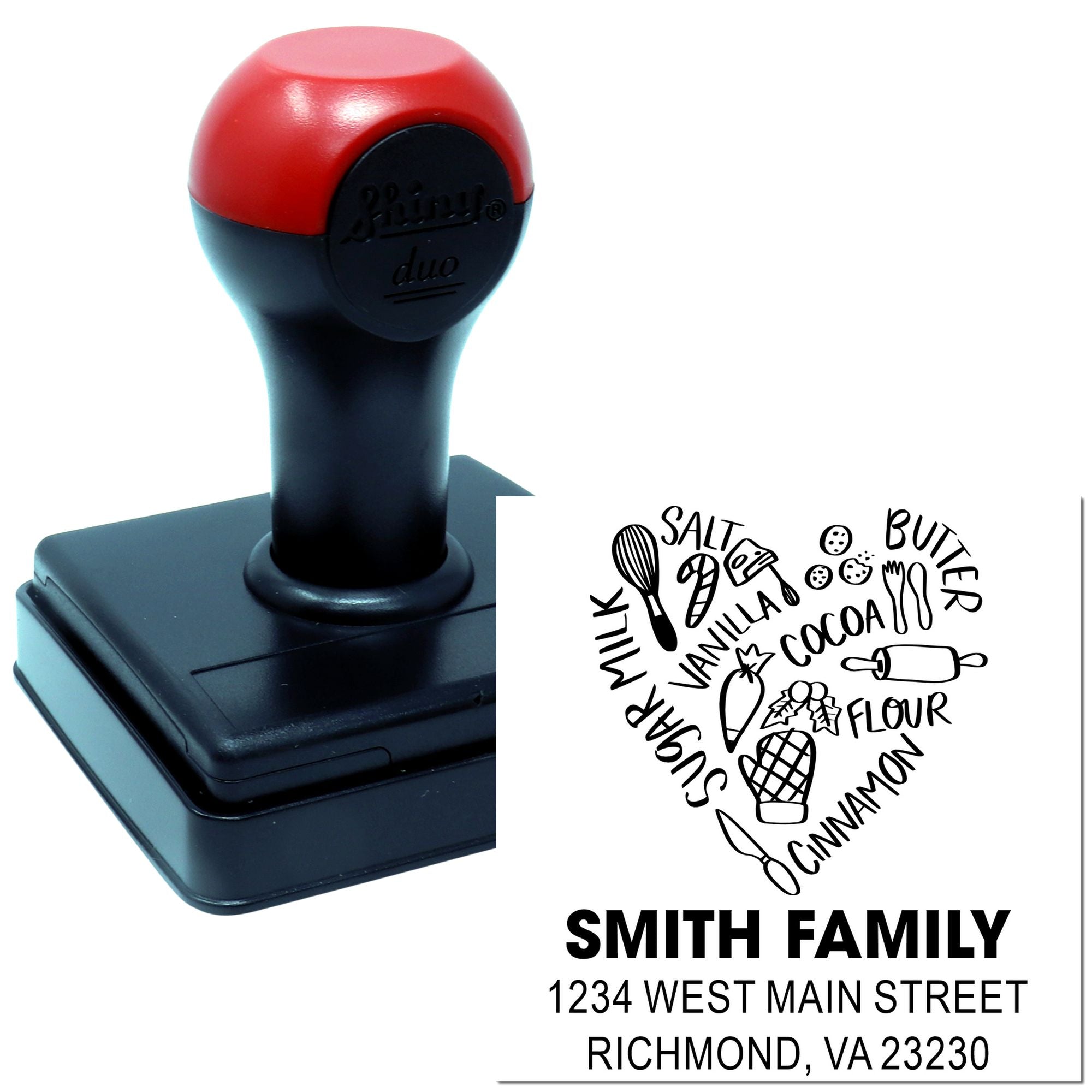 Custom self-inking rubber stamp with Smith Family name, return address, and kitchen label icons.