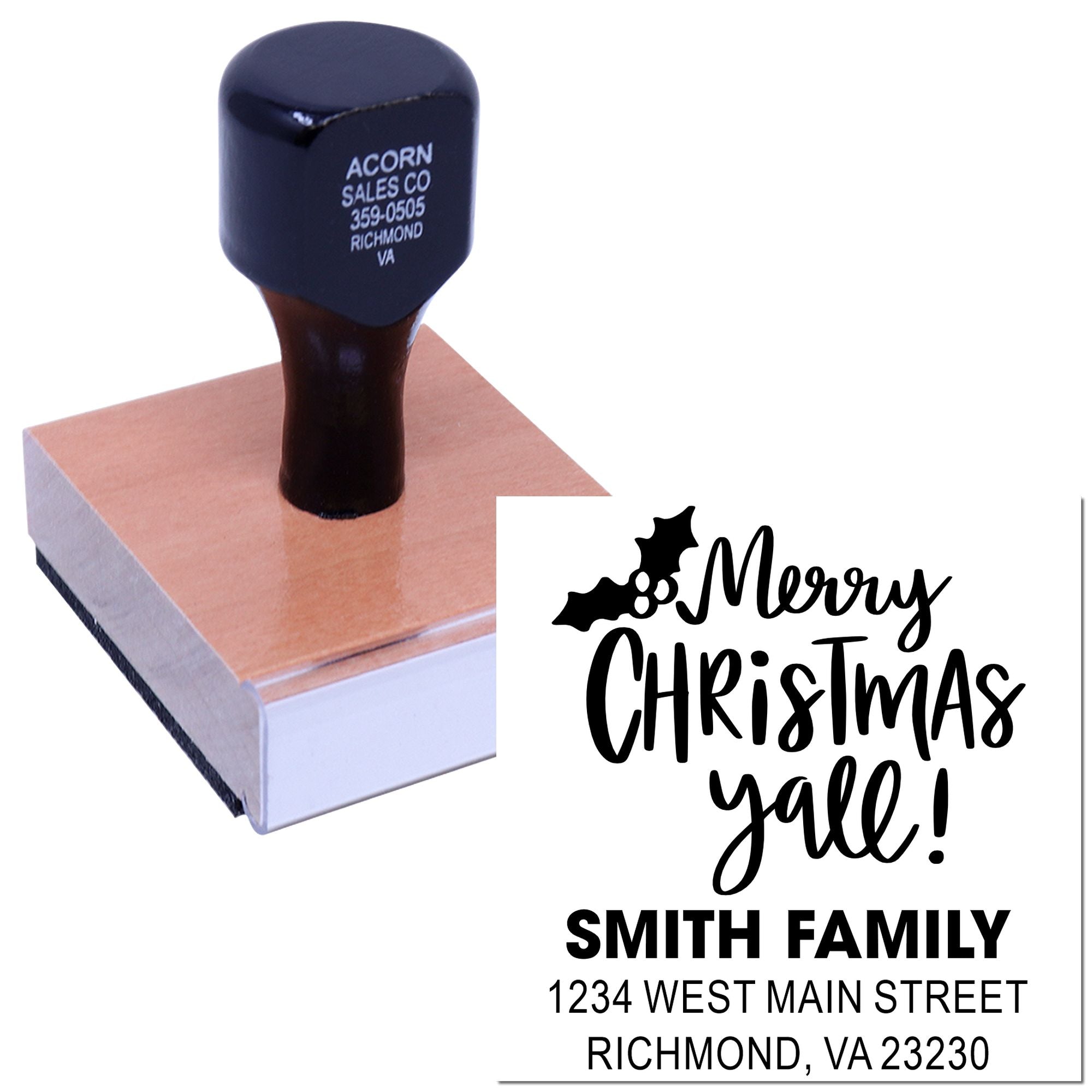 Custom Christmas return address rubber stamp with Merry Christmas yall! and Smith family address design.