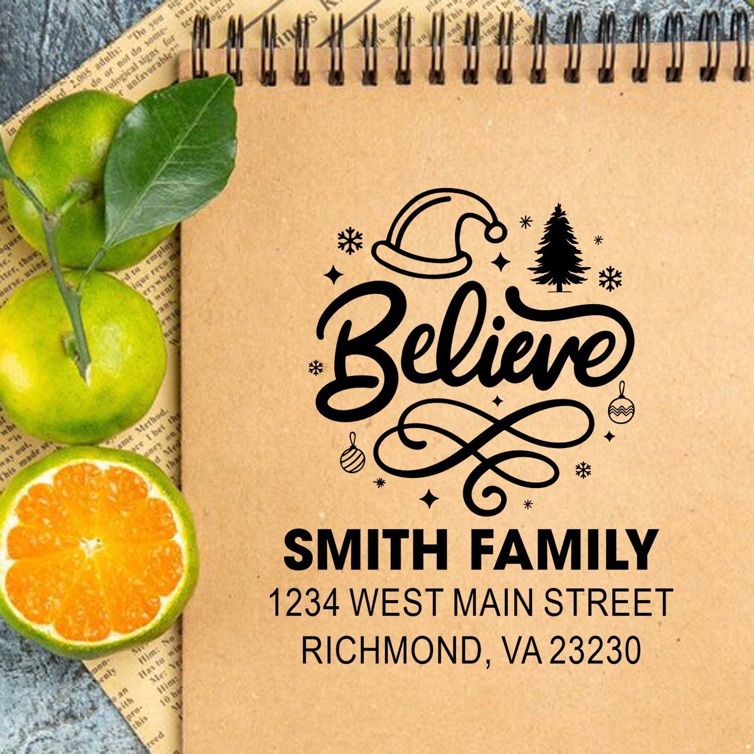 Custom Christmas rubber stamp with Believe design, Santa hat and tree, personalized Smith family return address stamp