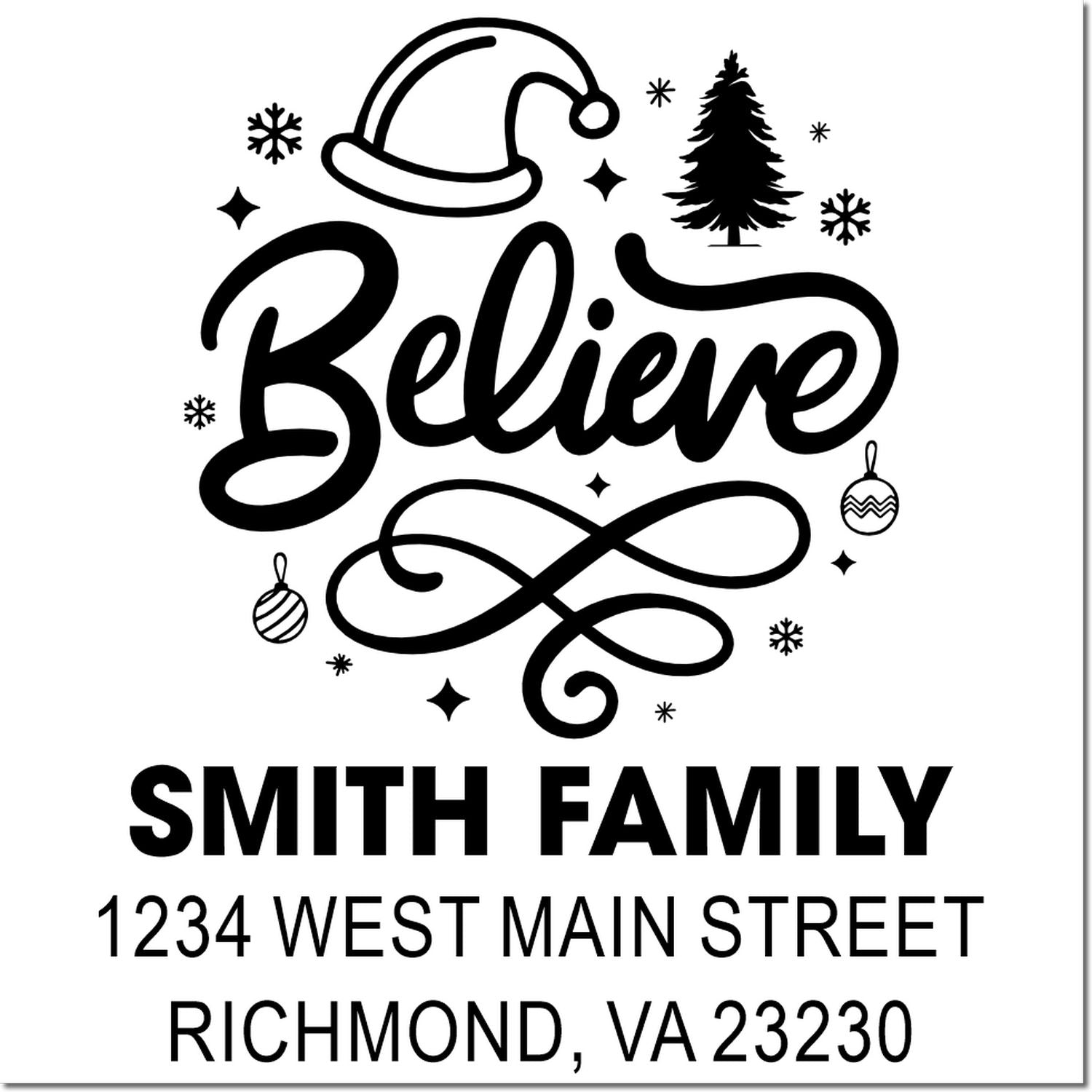 Personalized Christmas address rubber stamp with Believe, Santa hat, tree, snowflakes, Smith Family name and address.