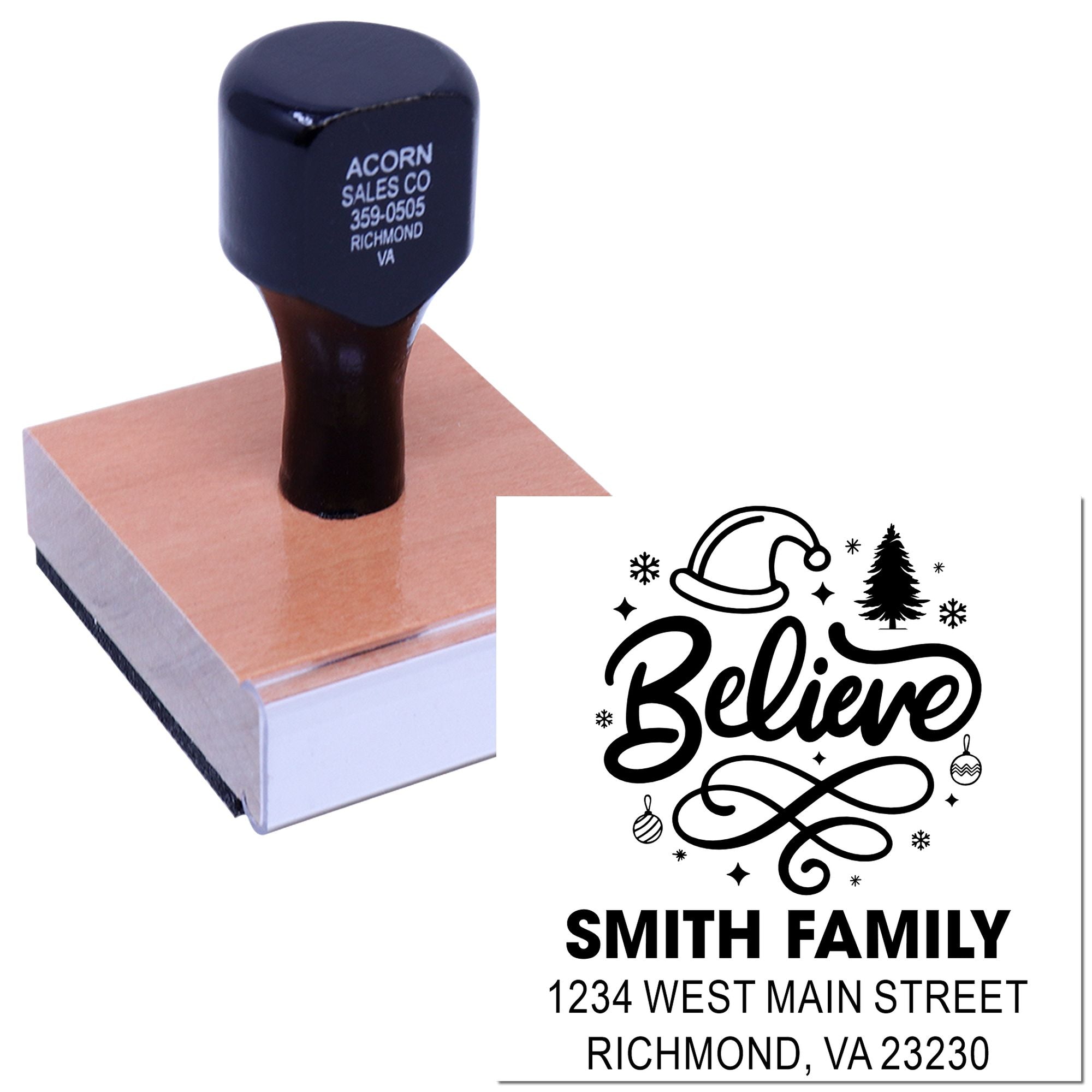 Custom Christmas return address rubber stamp with Believe design, Smith family name, and festive holiday icons.