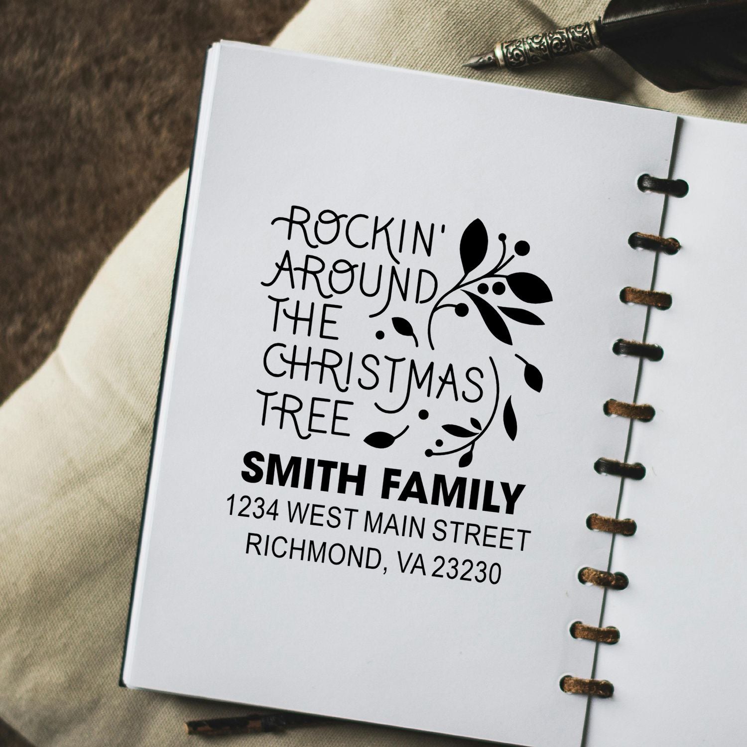 Custom Christmas address rubber stamp with Rockin Around the Christmas Tree design for the Smith family.