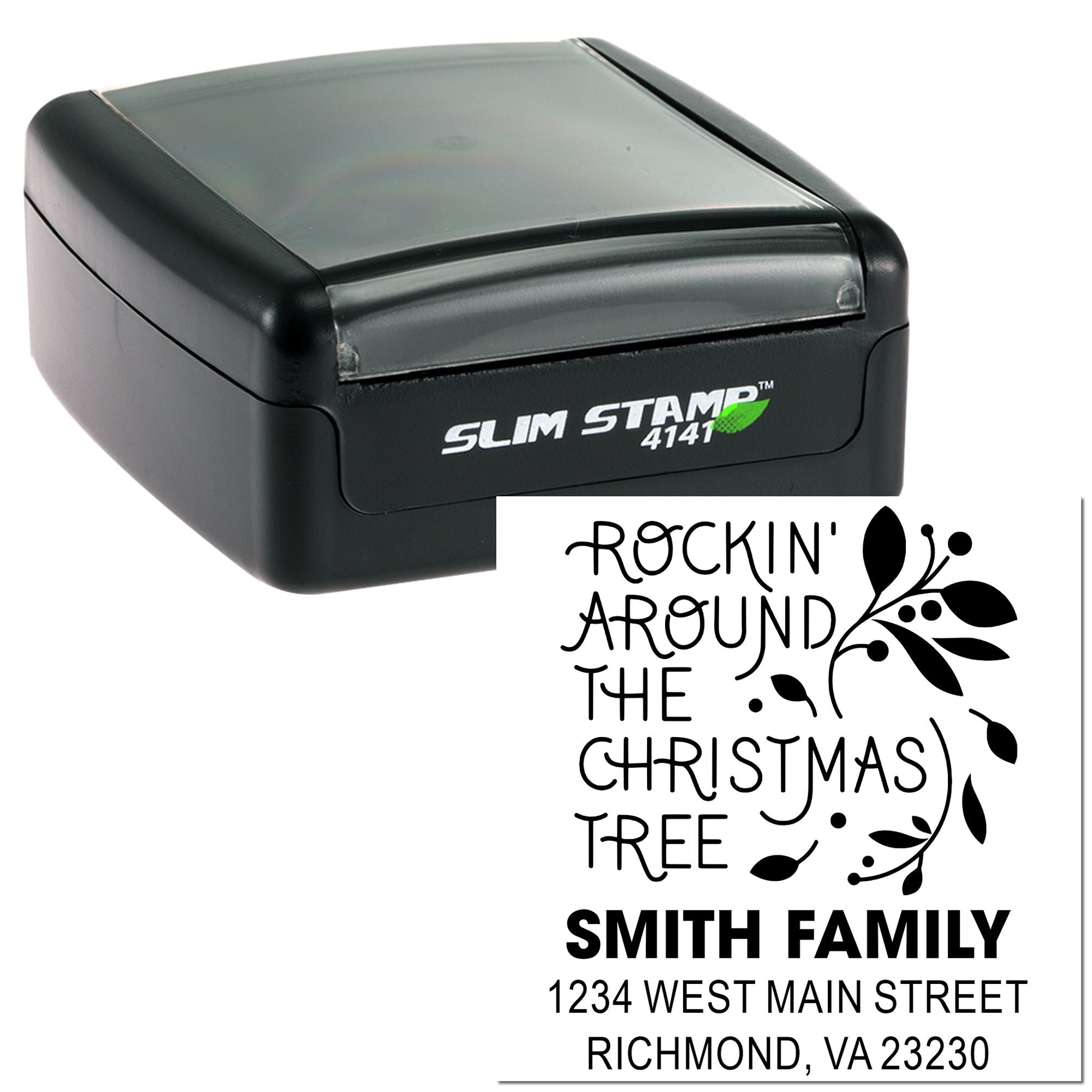 Custom self-inking rubber stamp with holiday return address design, featuring Rockin Around the Christmas Tree for the Smith Family.