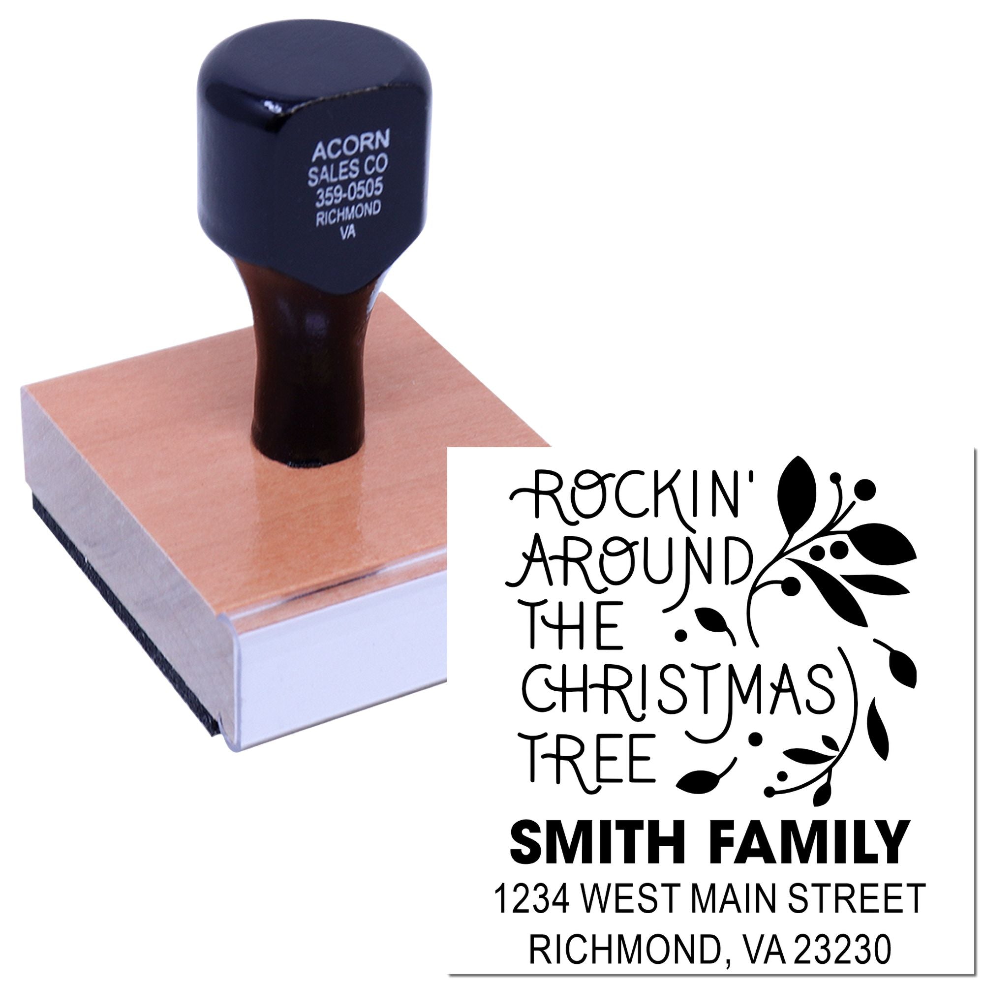 Custom rubber stamp with holiday address design for personalized Christmas cards and festive family mailings.