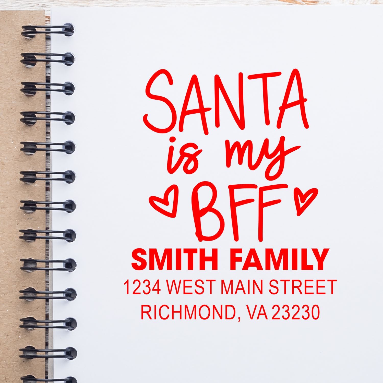 Custom Santa is My BFF rubber stamp with family name and address for holiday cards.