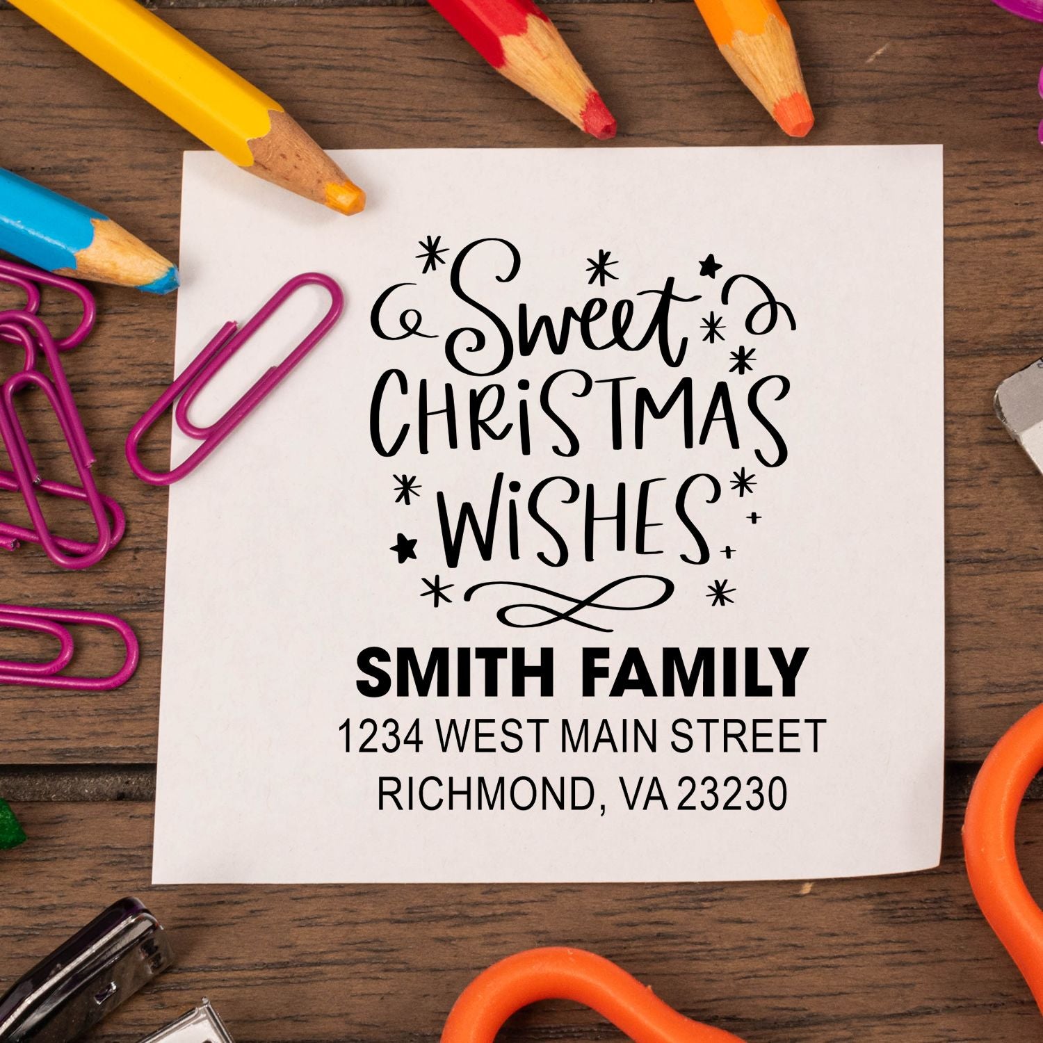 Custom Sweet Christmas Wishes rubber stamp with Smith Family return address for festive holiday card mailing.