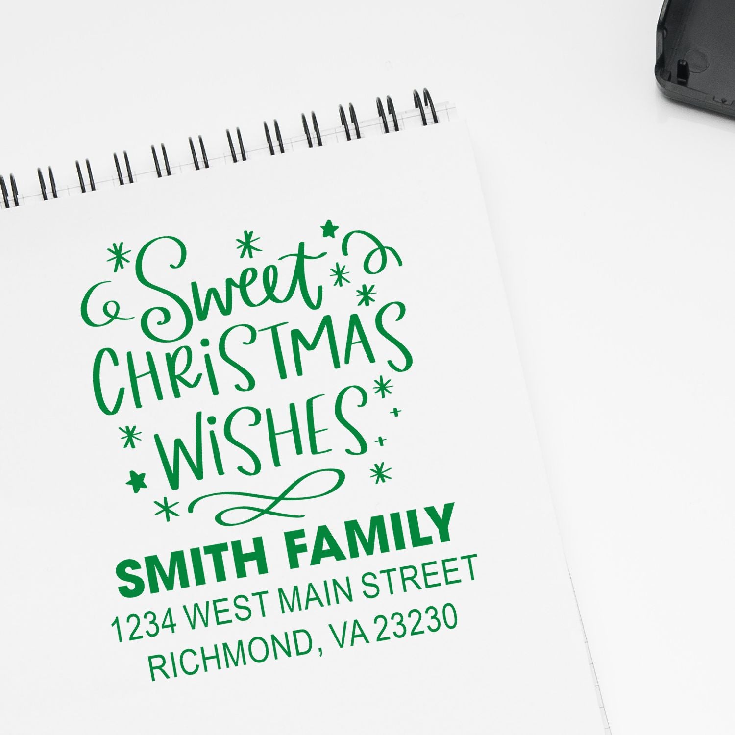 Personalized Christmas address rubber stamp for holiday cards, featuring Sweet Christmas Wishes and Smith Family return address.