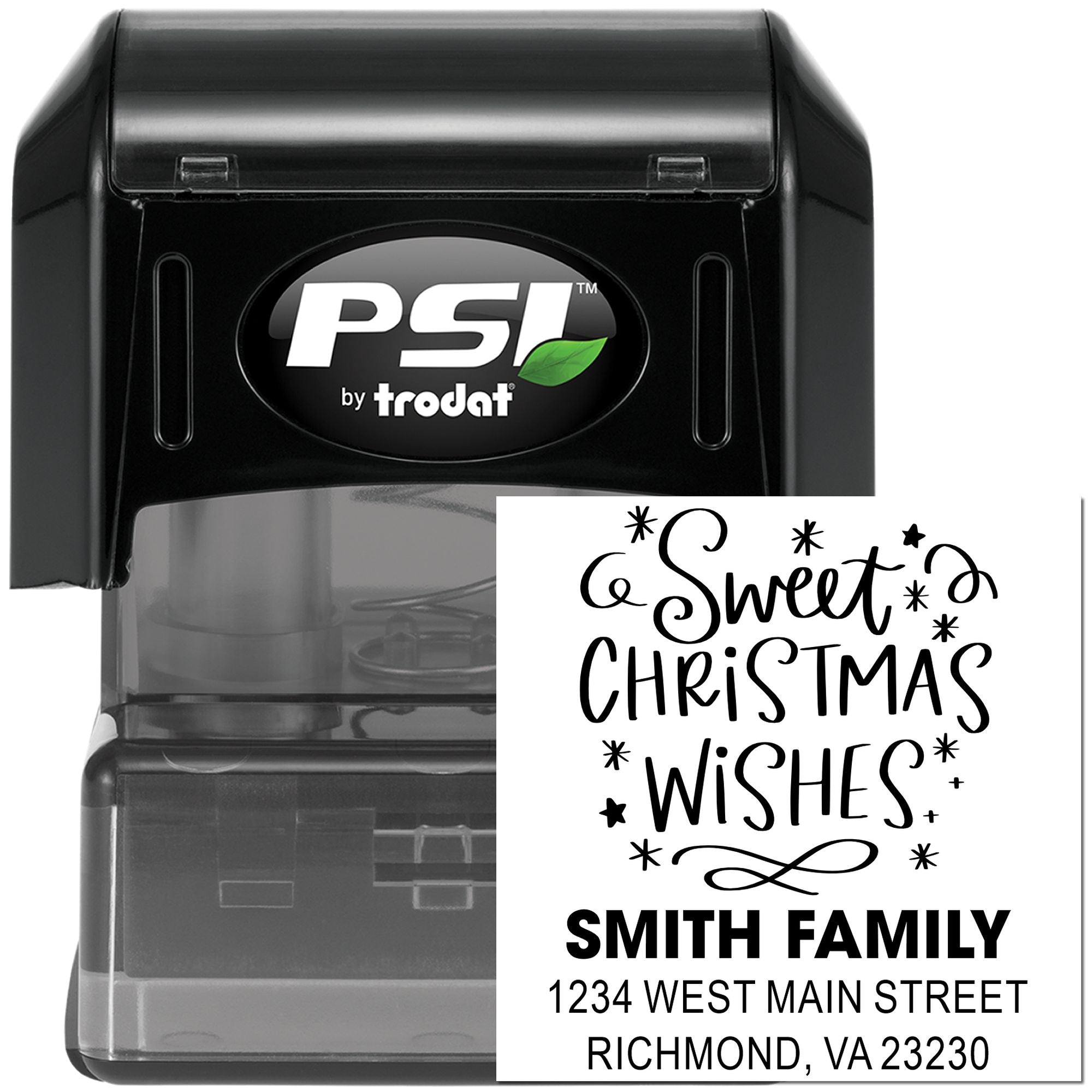 Custom self-inking rubber stamp for Christmas return addresses with Sweet Christmas Wishes for the Smith Family.