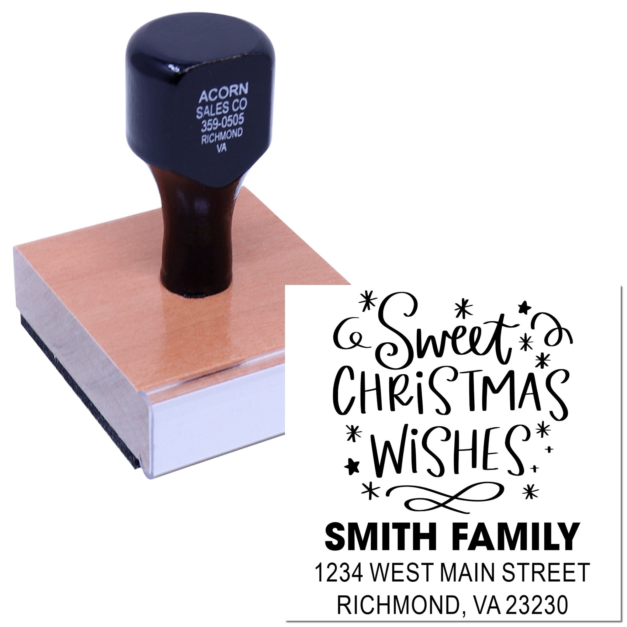 Custom holiday rubber stamp with Sweet Christmas Wishes Smith family address design for Christmas cards and mailings.