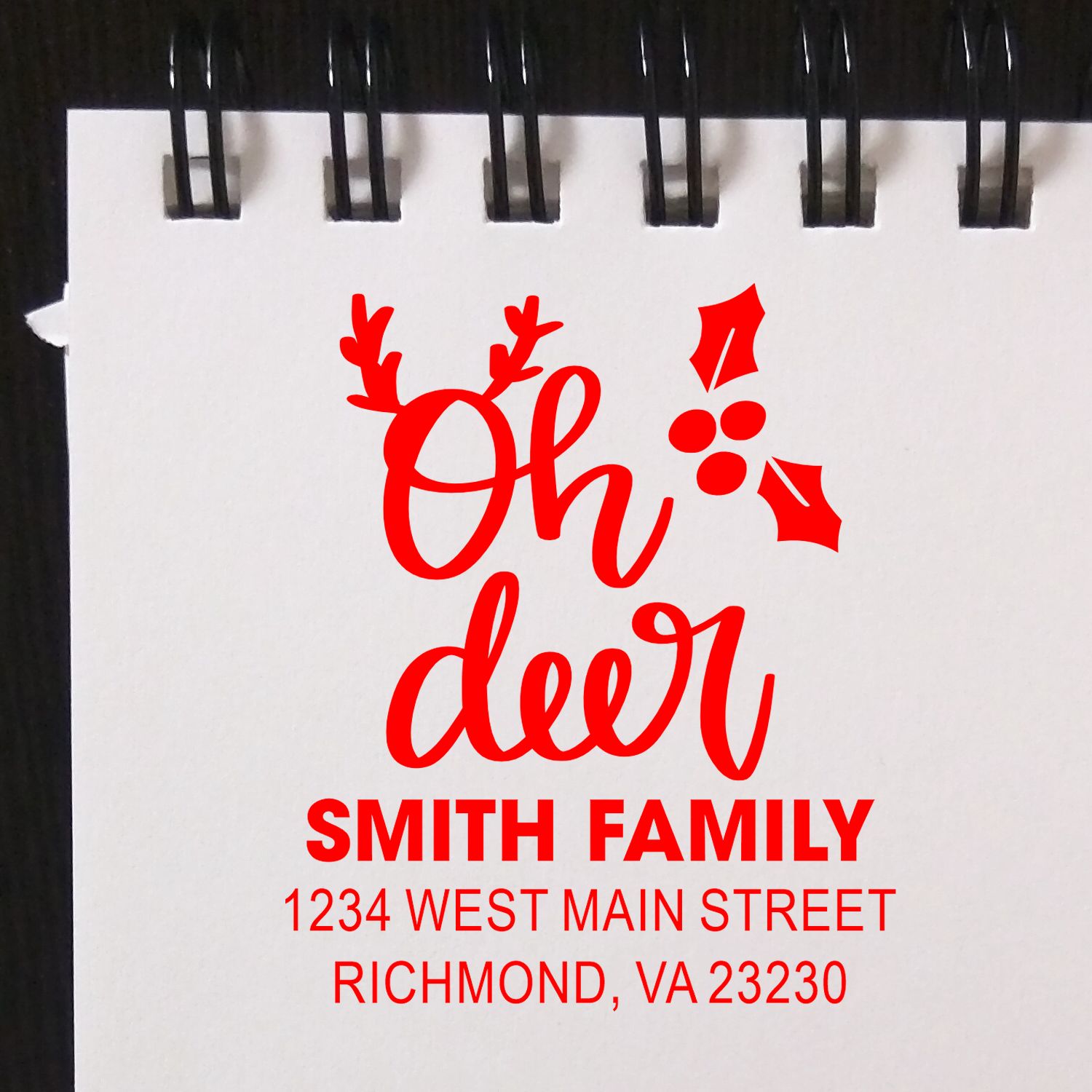 Custom holiday address rubber stamp with Oh deer deer design and Smith Family return address, Richmond, VA 23230.