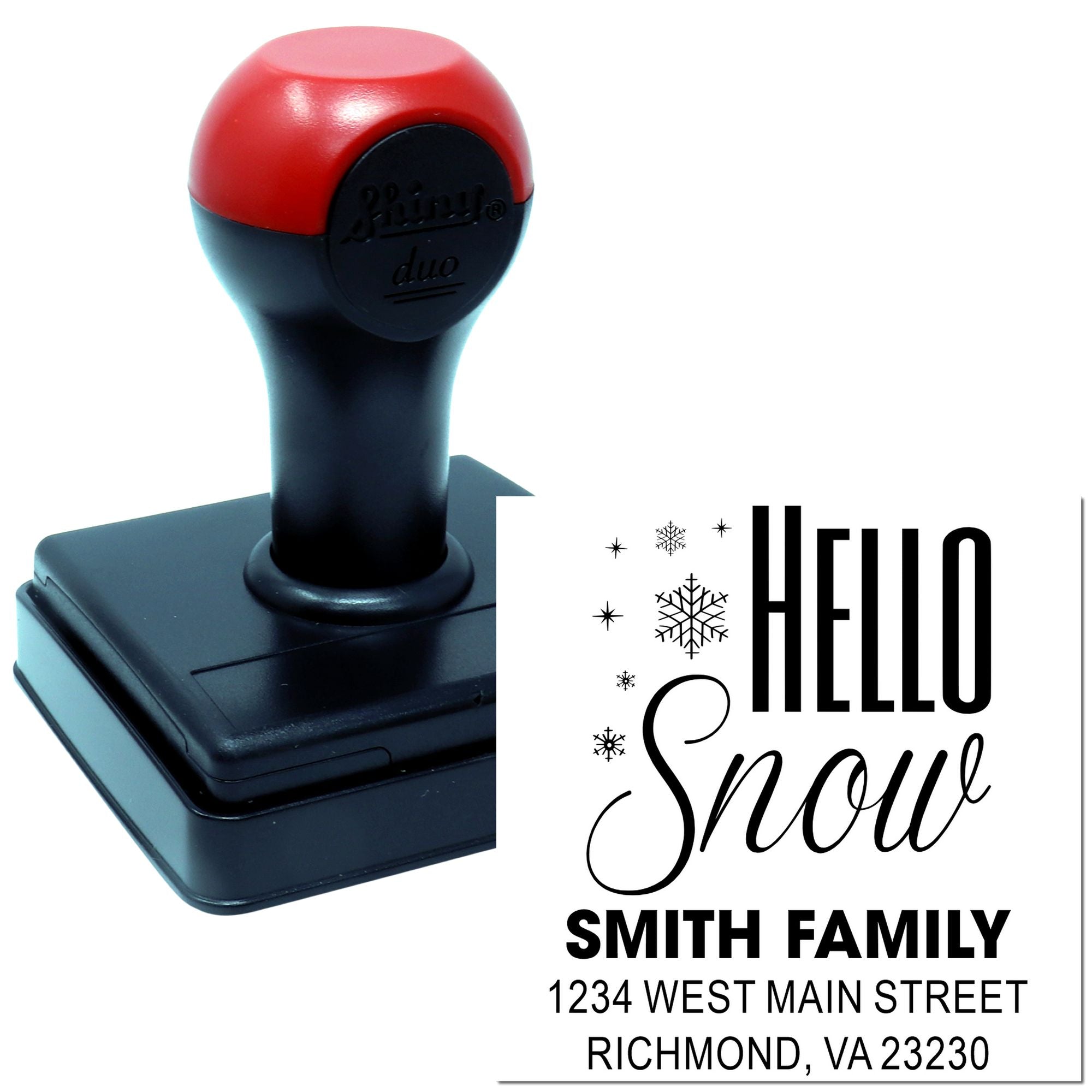Custom self-inking rubber address stamp with Hello Snow design and Smith family return address for holiday cards.