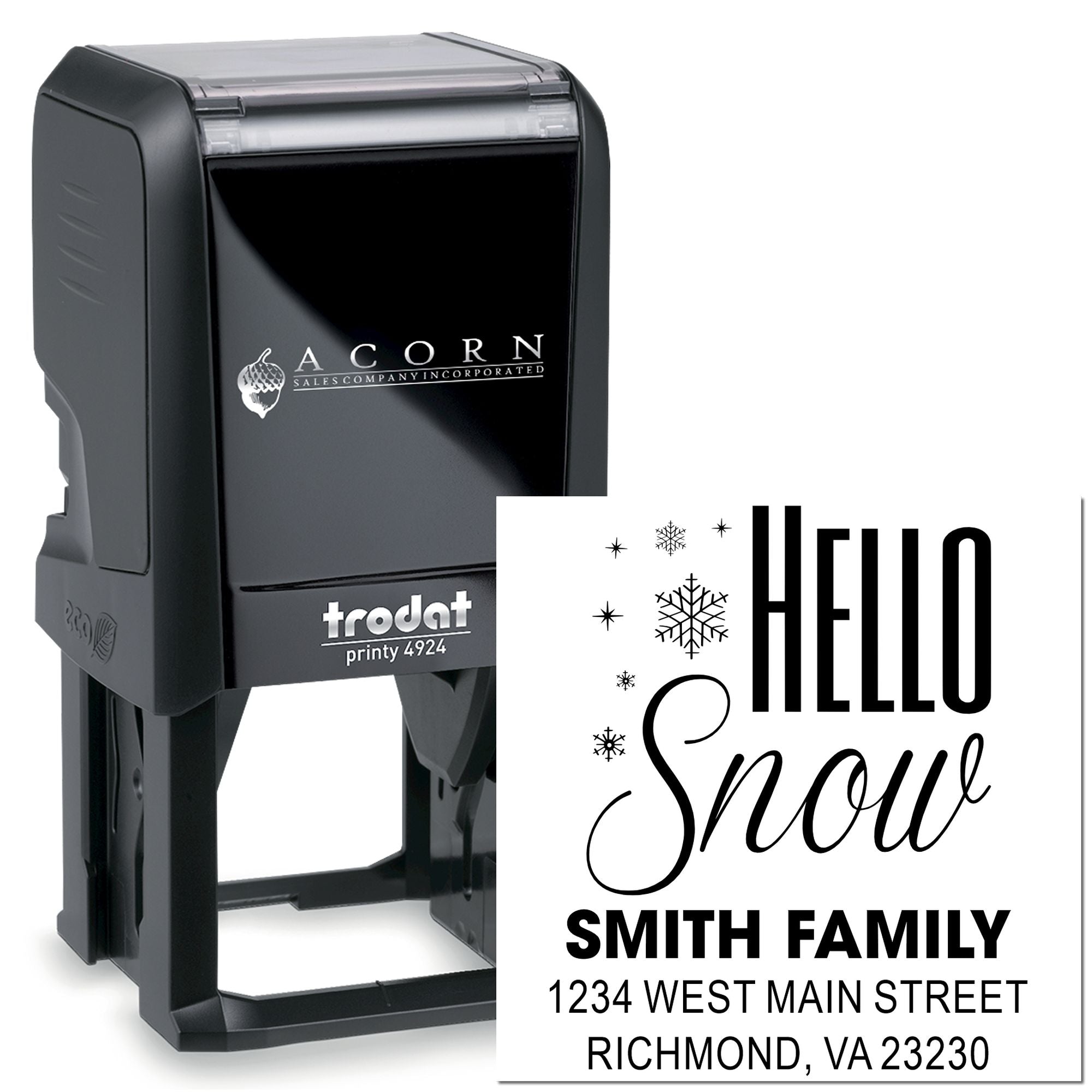 Custom self-inking rubber address stamp with Hello Snow holiday design and Smith family return address preview.
