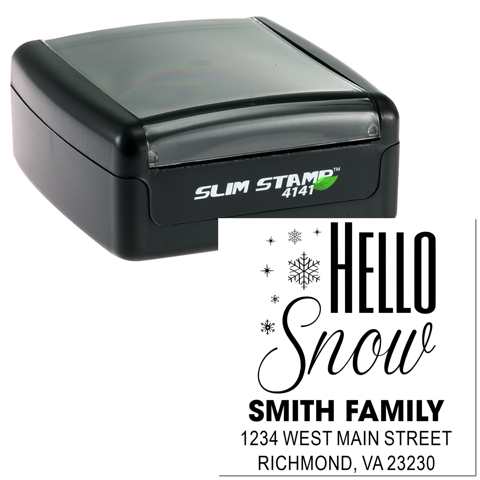 Self-inking custom rubber address stamp with Hello Snow family design for personalized holiday envelopes and mail.