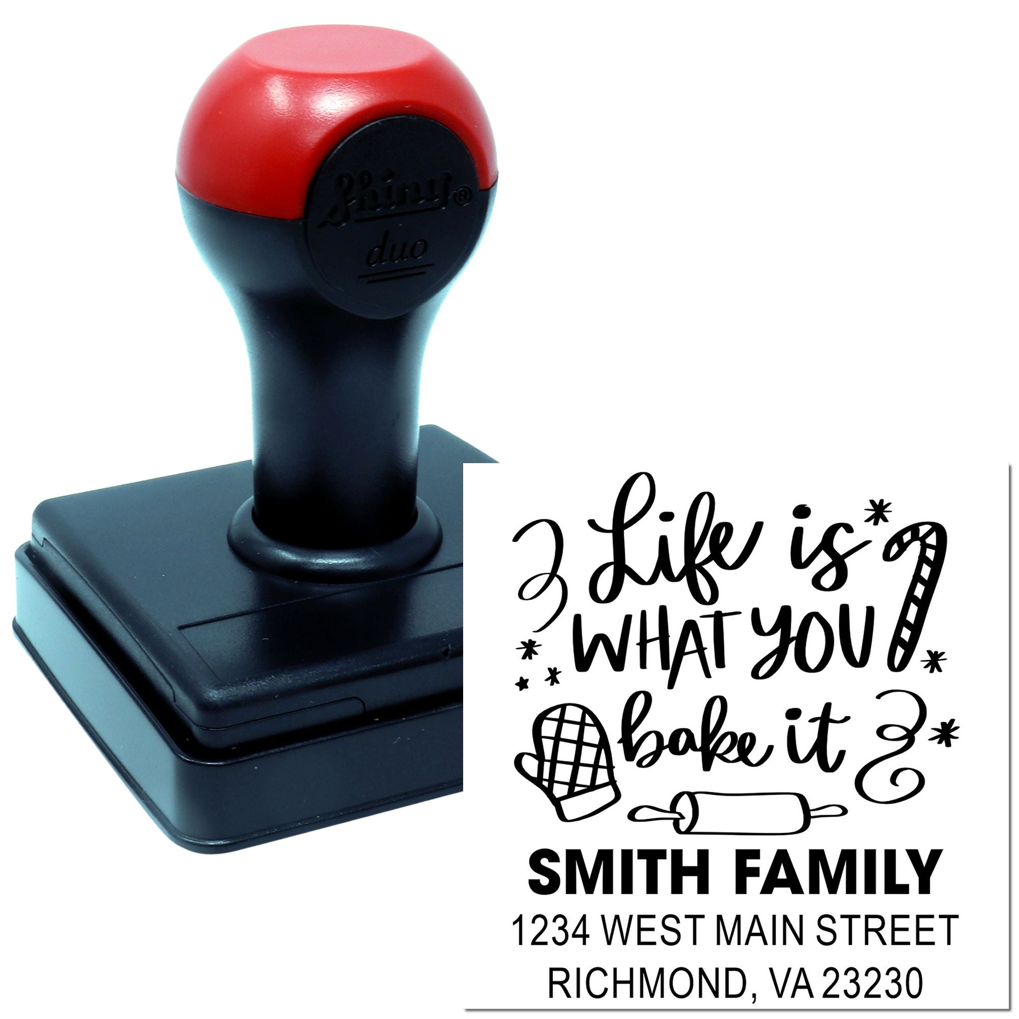 Self-inking custom rubber stamp with baking-themed return address design and Life is what you bake it message.