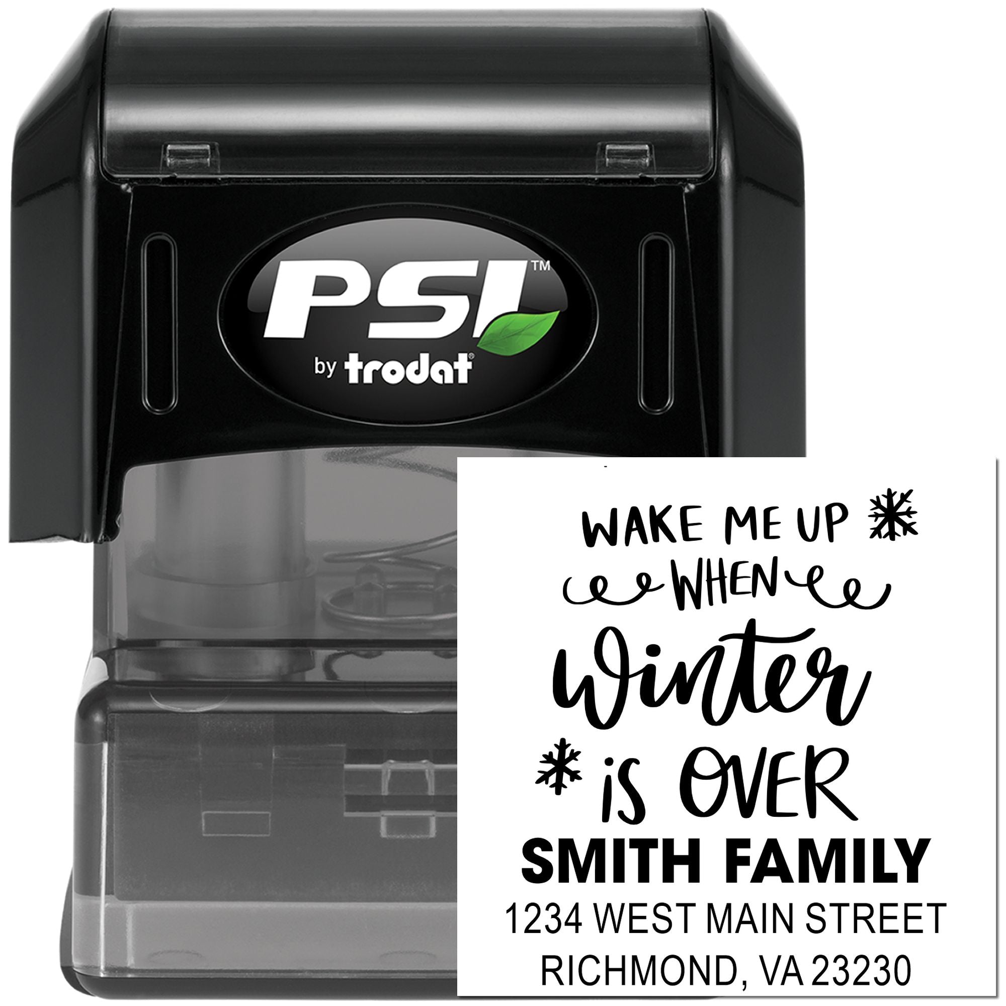 Custom self-inking rubber stamp with winter quote and Smith Family address for personalized mailing and crafts.