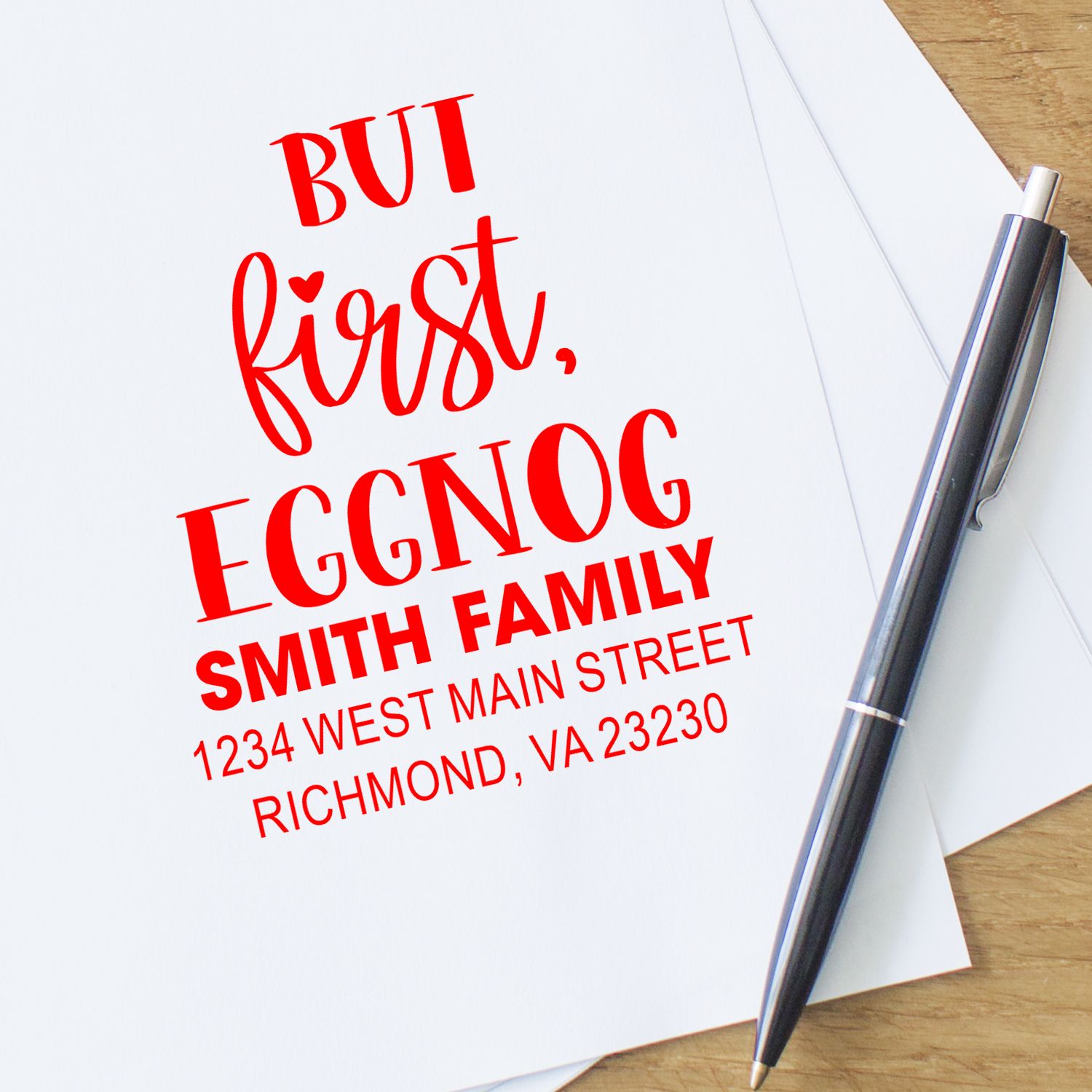 Personalized holiday return address rubber stamp for Smith family, with But first, eggnog design for envelopes.