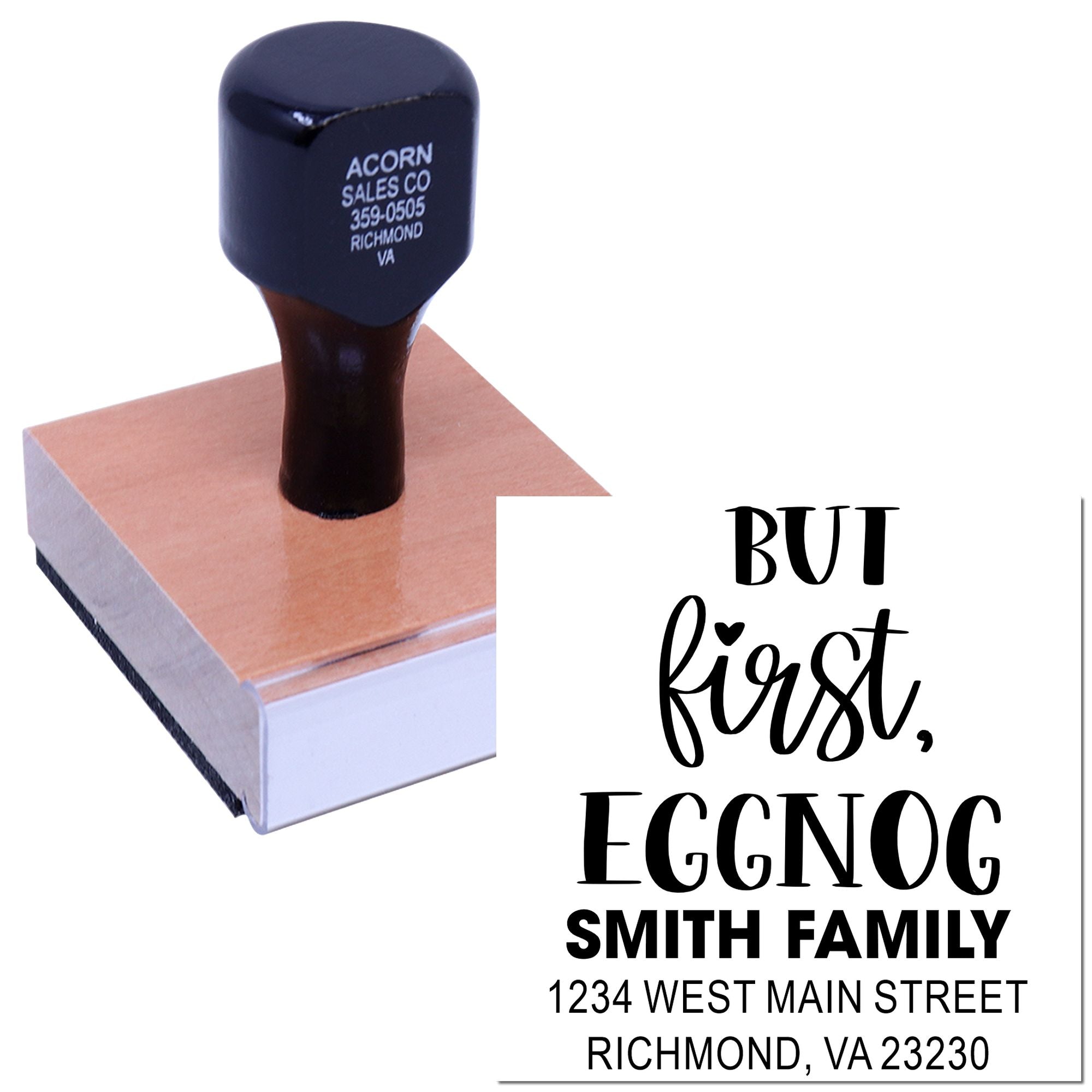 Custom rubber address stamp showing a But first, eggnog holiday family return address design