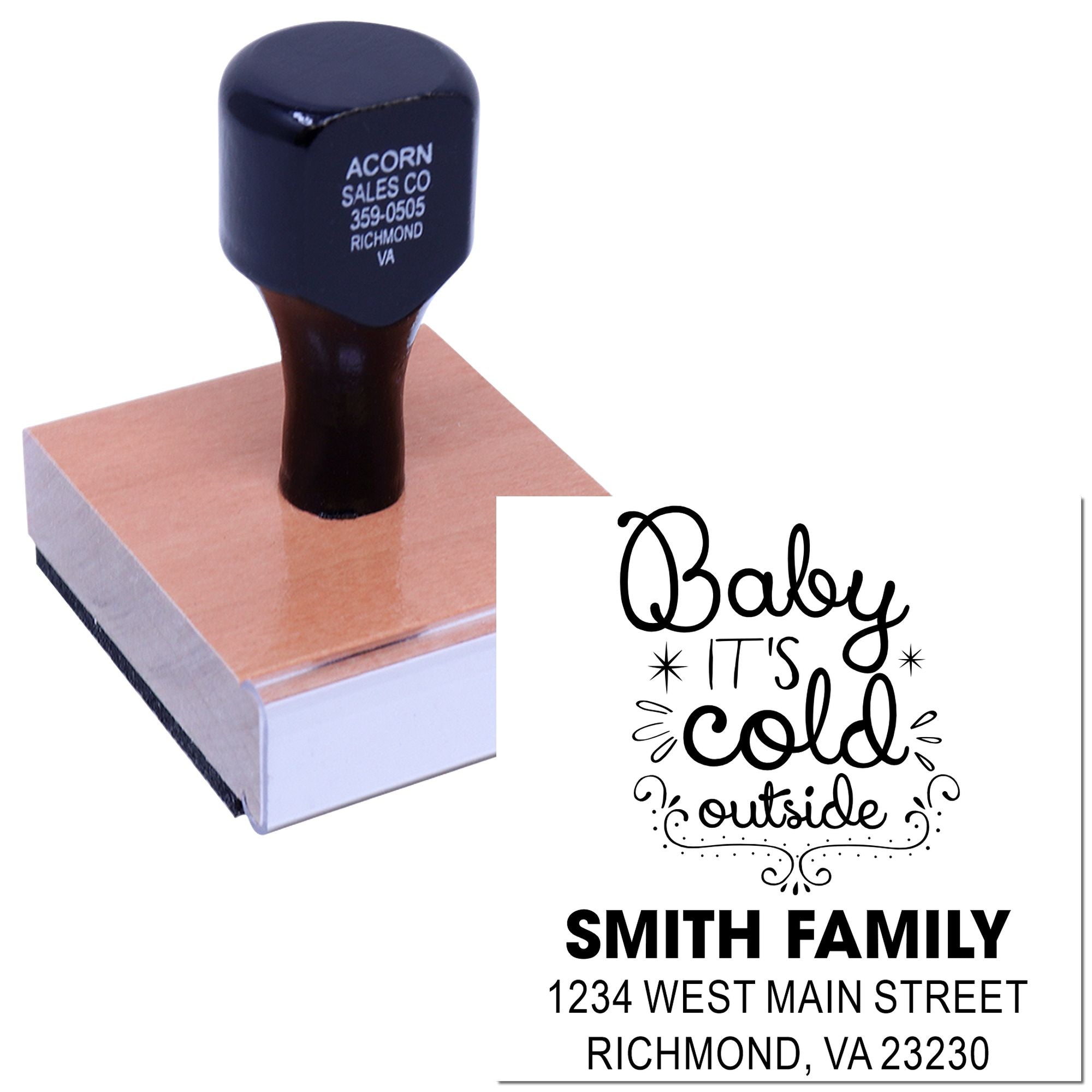 Custom return address rubber stamp with Baby Its Cold Outside design for Smith Family holiday mailings.