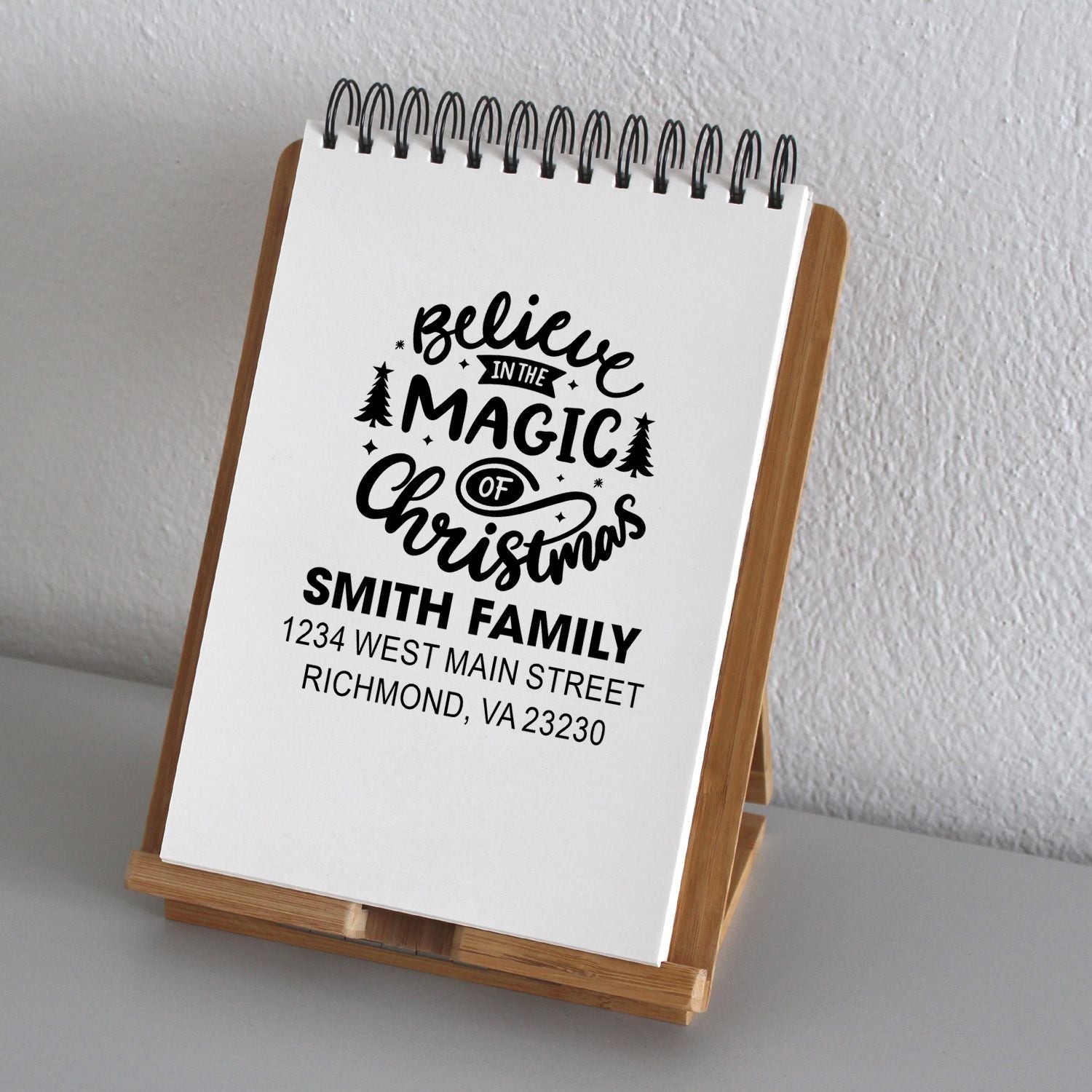 Personalized Christmas return address rubber stamp with Believe in the Magic of Christmas design for the Smith family.