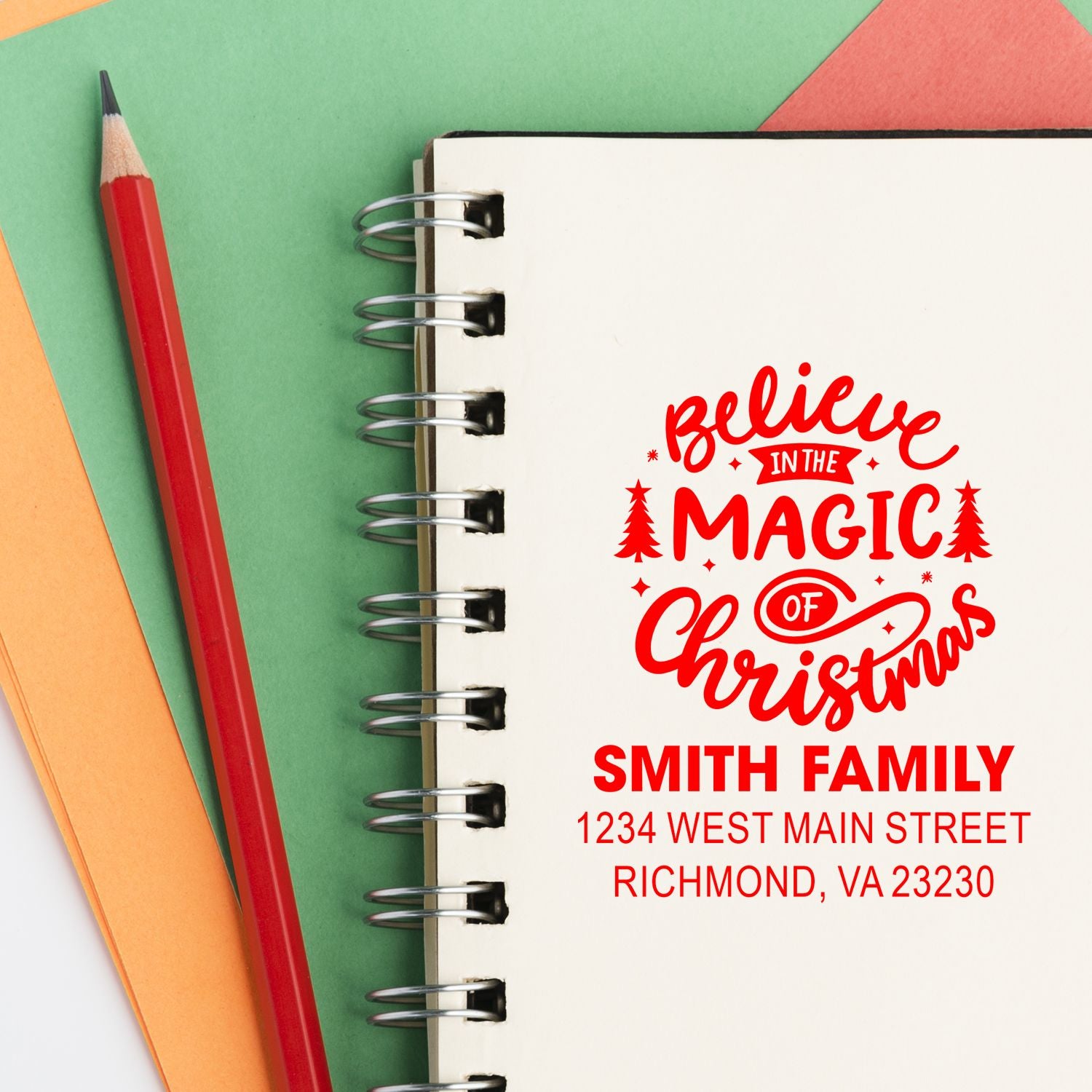 Custom Christmas return address rubber stamp with "Believe in the Magic of Christmas" design for the Smith family.