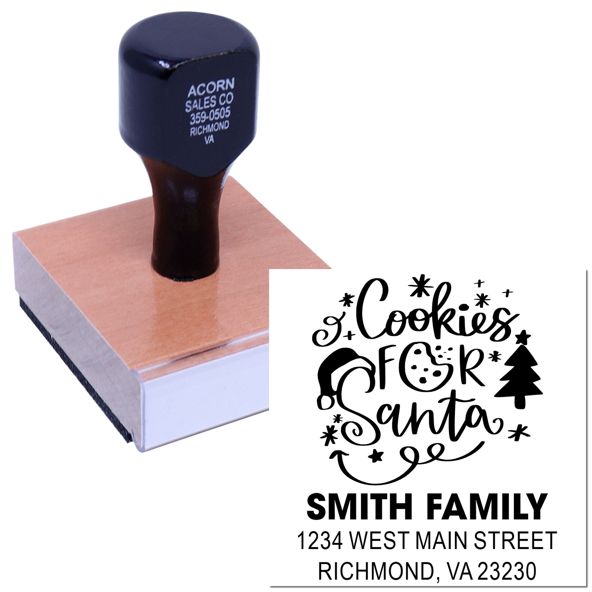 Personalized rubber stamp with Cookies for Santa holiday design and Smith Family address for Christmas cookie packaging.
