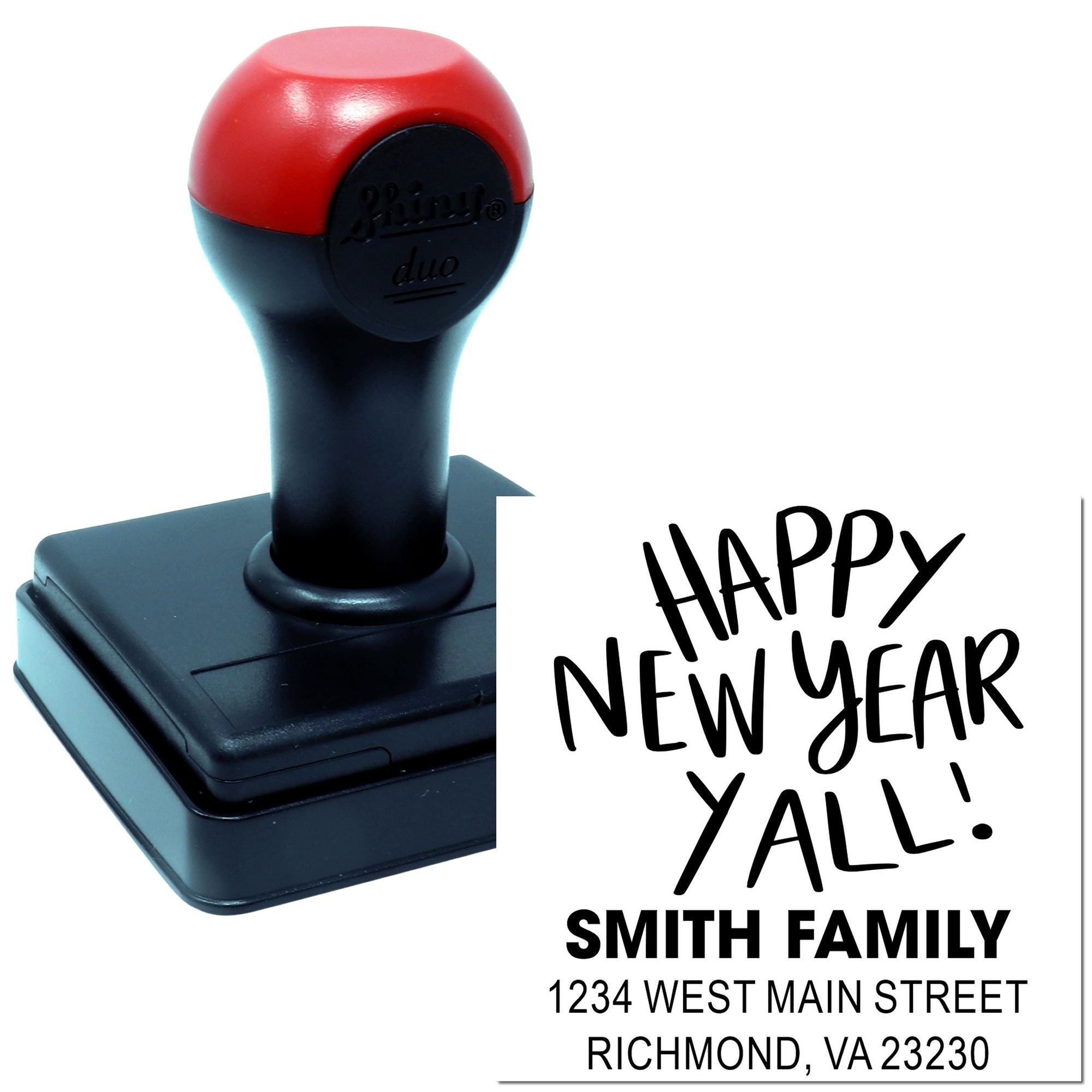 Custom self-inking rubber stamp with Happy New Year Yall! Smith family return address imprint for holiday mailings