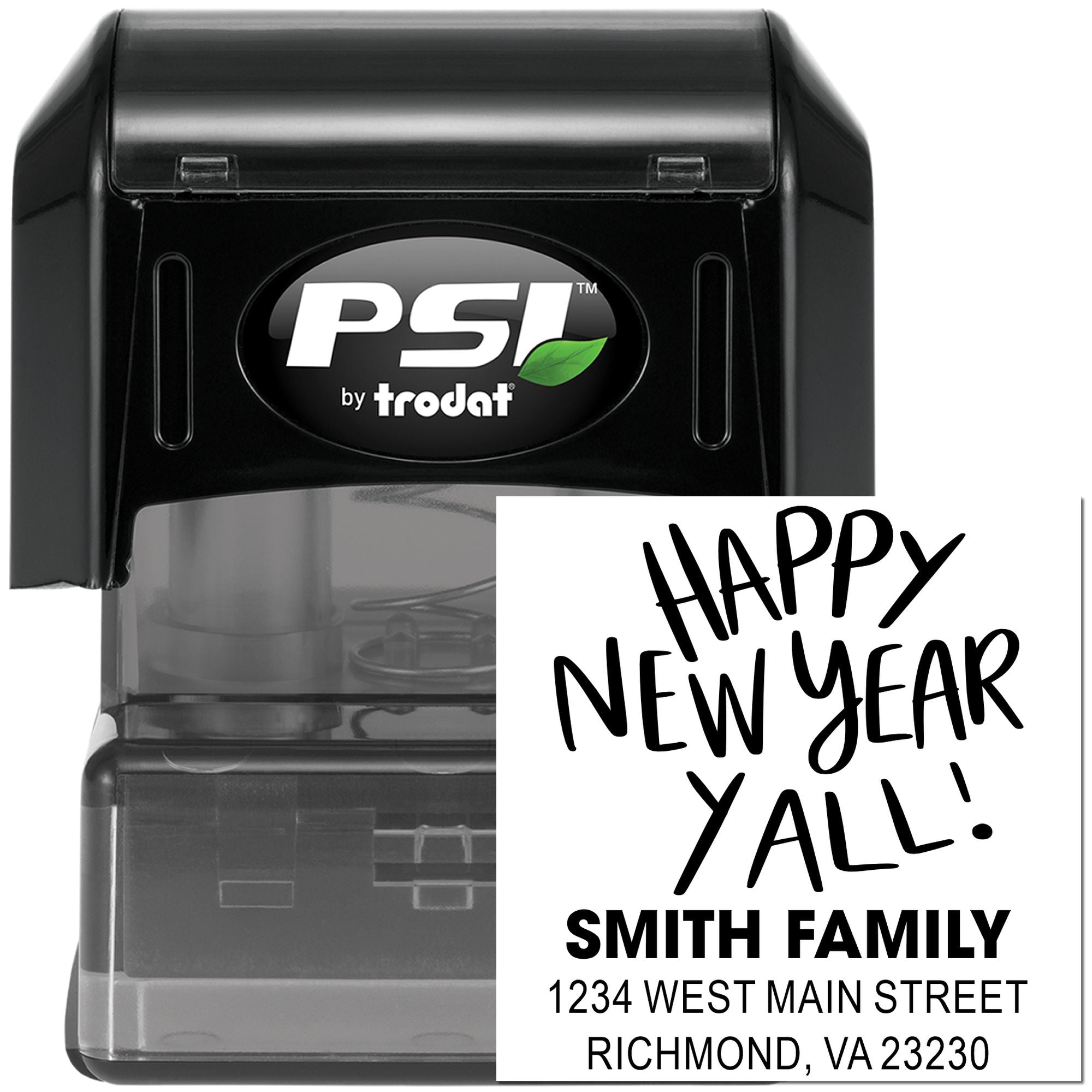 Personalized self-inking rubber stamp with Happy New Year message and Smith Family return address, PSI by Trodat.