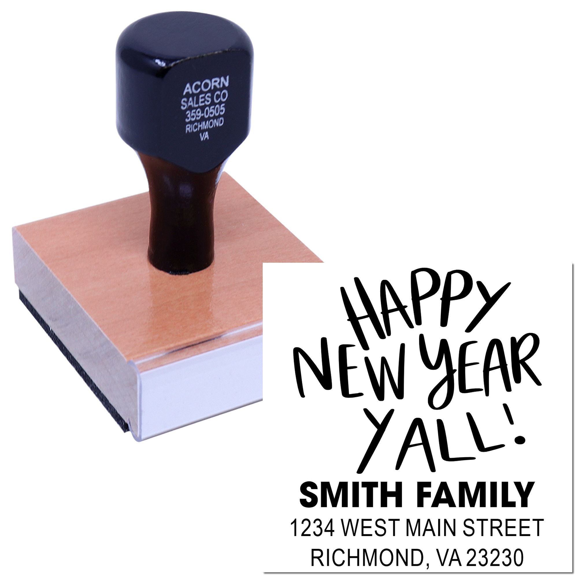 Personalized New Year rubber stamp with Smith Family address for holiday cards, envelopes, and festive stamping.