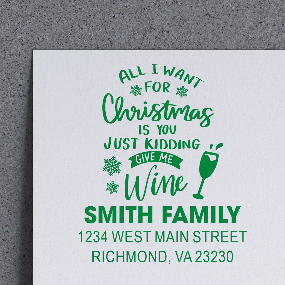 Custom Christmas return address rubber stamp for the Smith family with festive wine quote and Richmond, VA address.