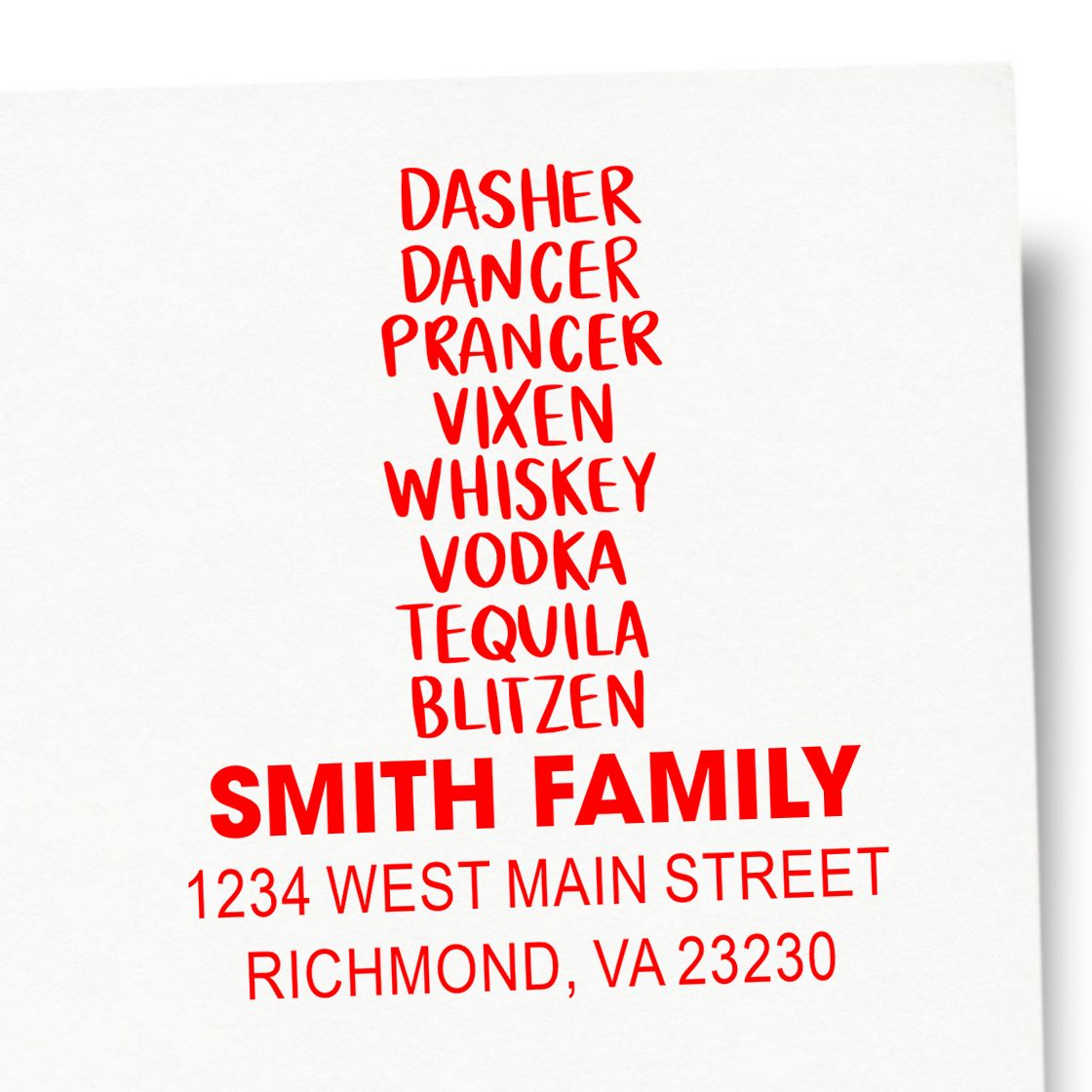 Personalized Christmas address stamp with Smith family name, address, and festive reindeer-style names.