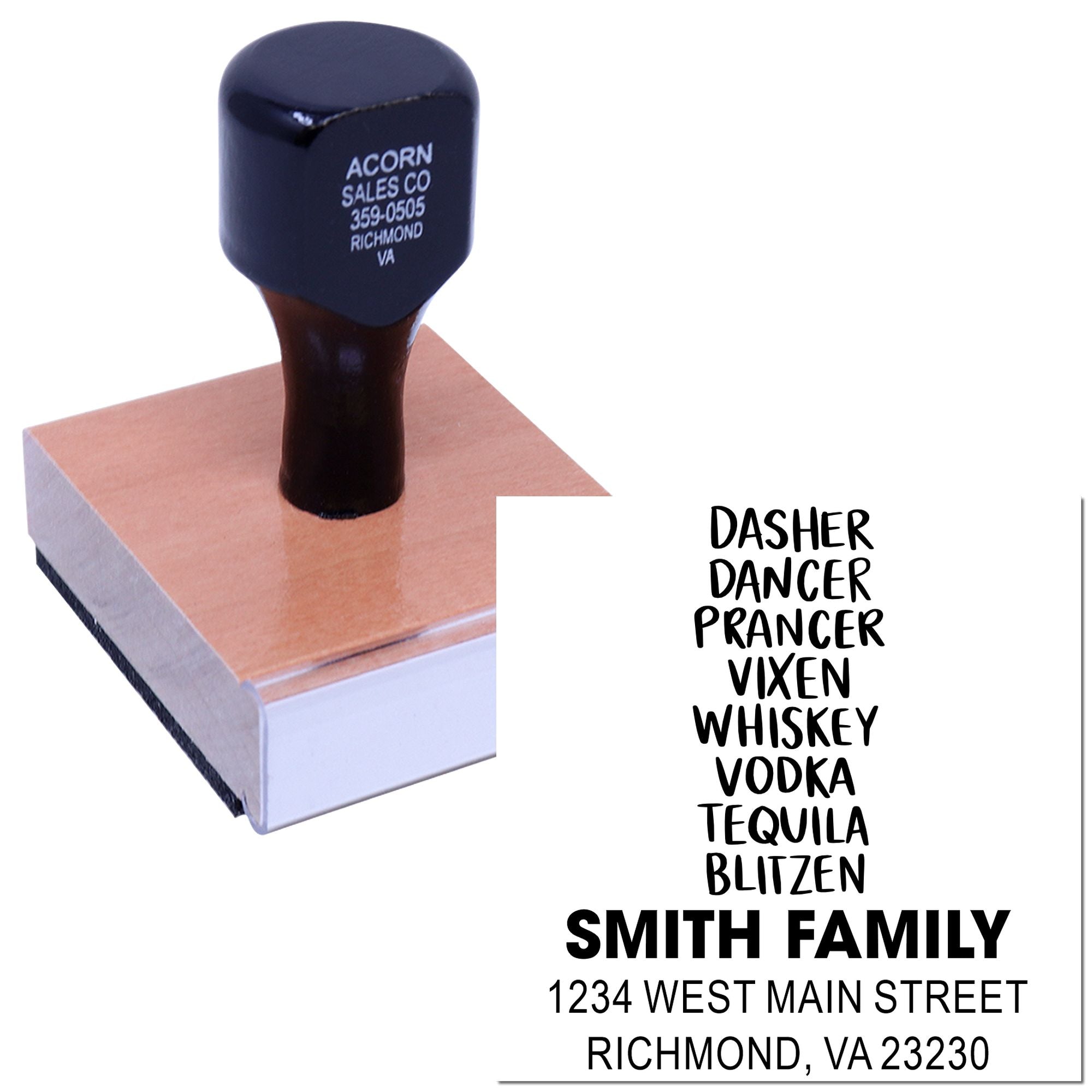 Custom rubber stamp with personalized name and address options, ideal for return address labeling, business use, or gifts.