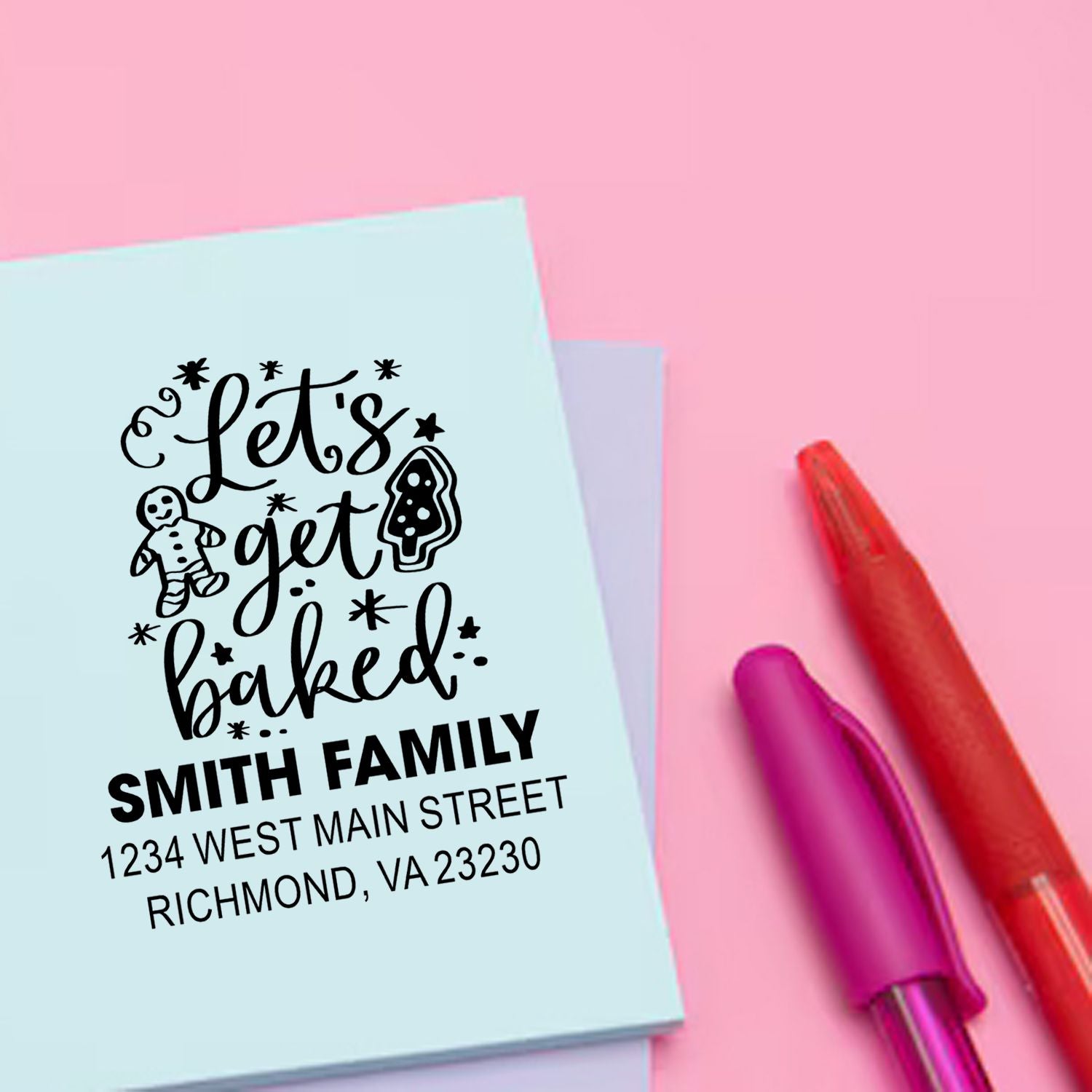 Custom return address rubber stamp with Lets Get Baked holiday baking design for the Smith family.