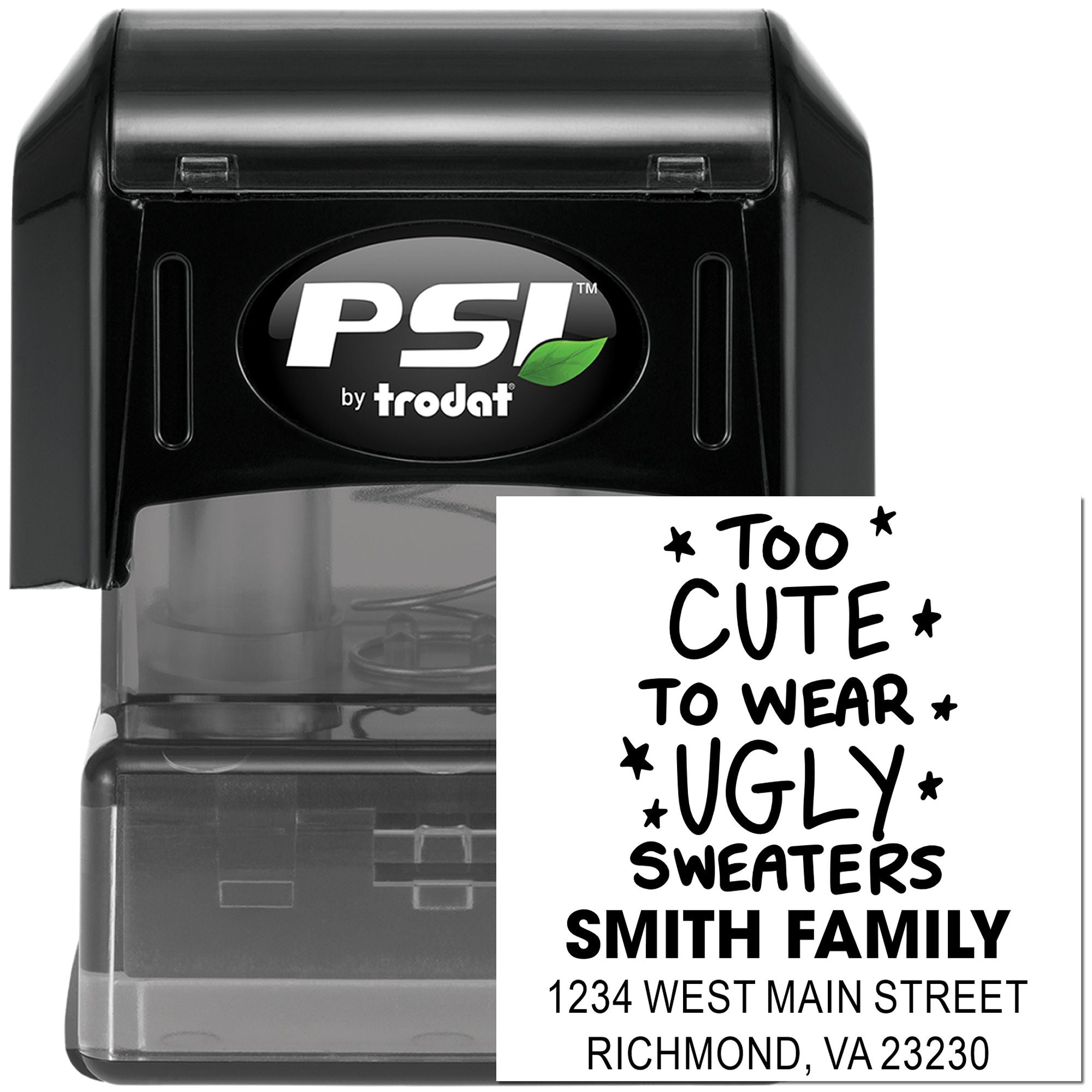 PSI by Trodat self-inking rubber stamp with custom holiday message, family name, and return address.