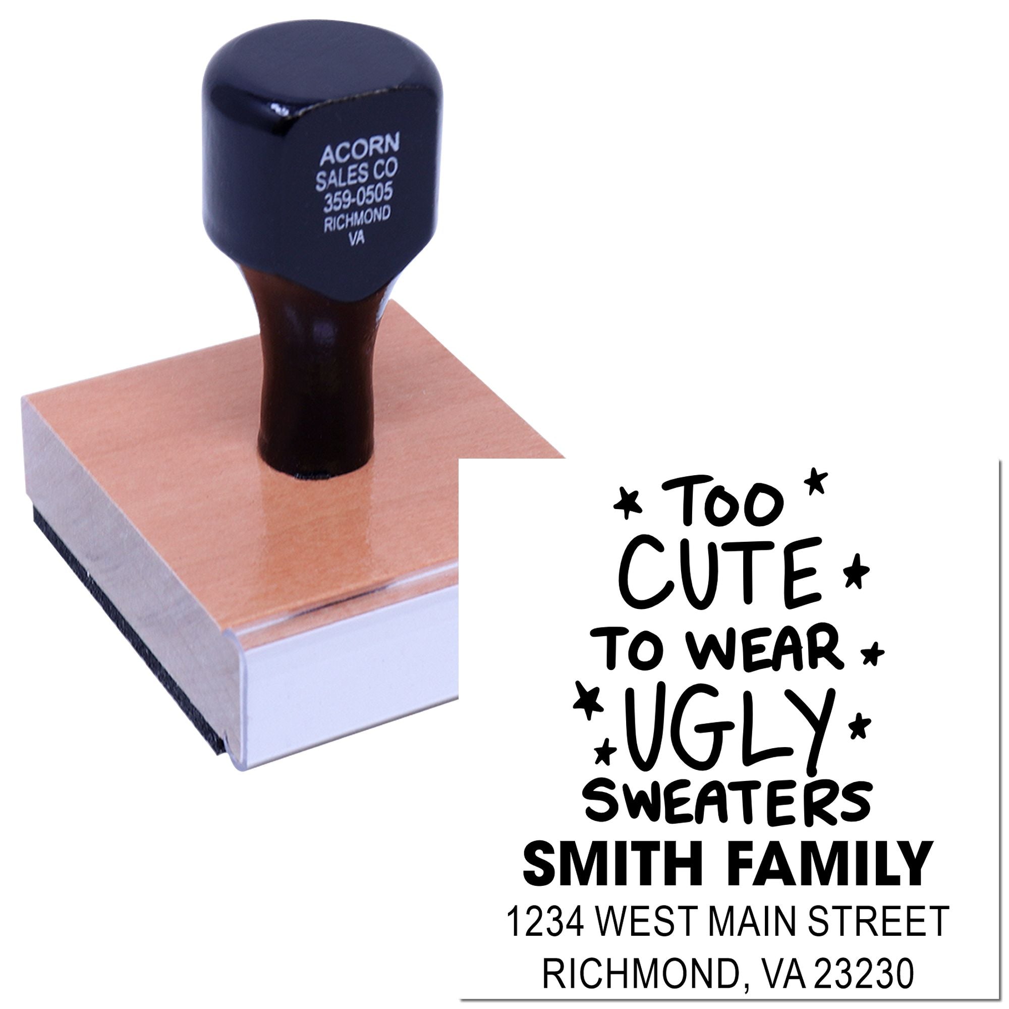 Custom rubber address stamp with sample imprint for Smith Family, Richmond VA, featuring decorative text and street address.