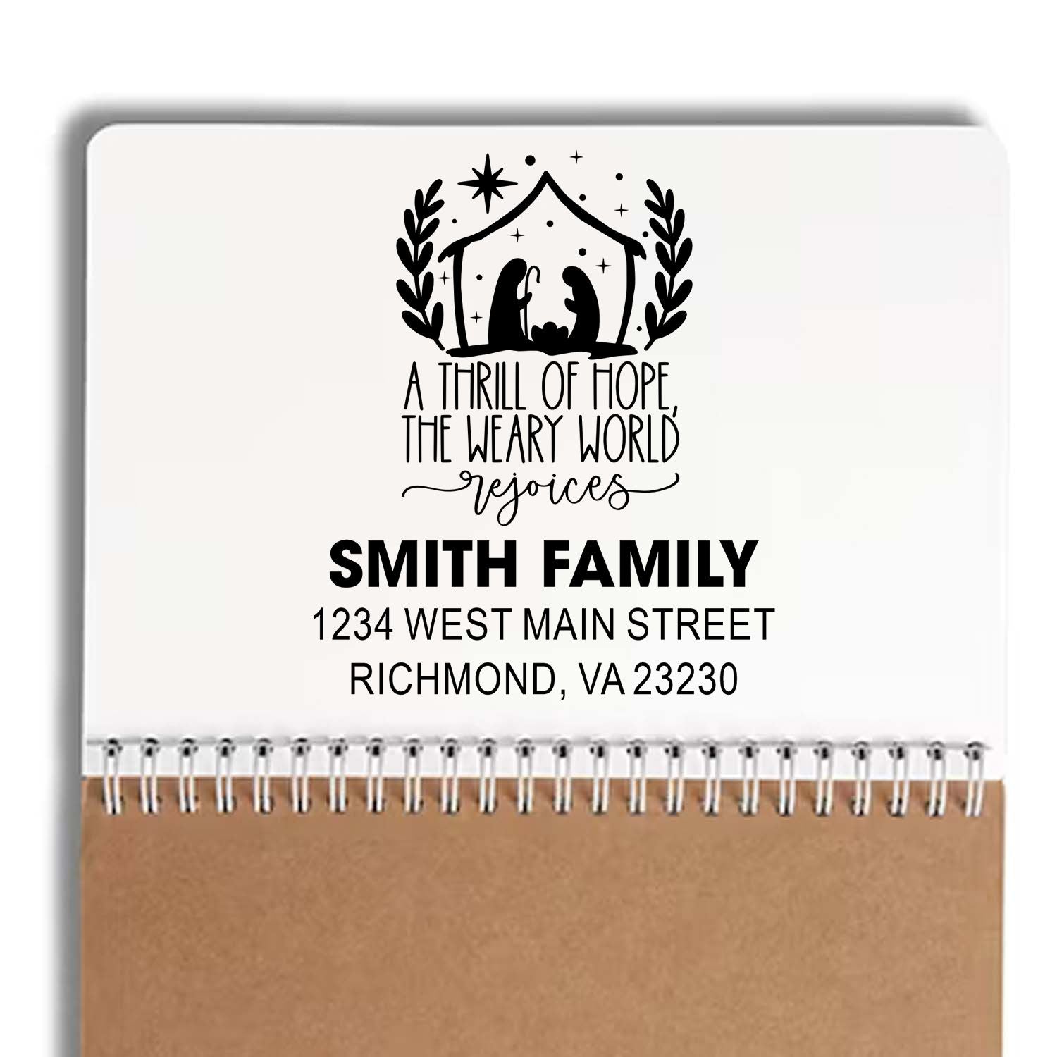 Custom nativity return address rubber stamp for Smith family holiday cards and envelopes