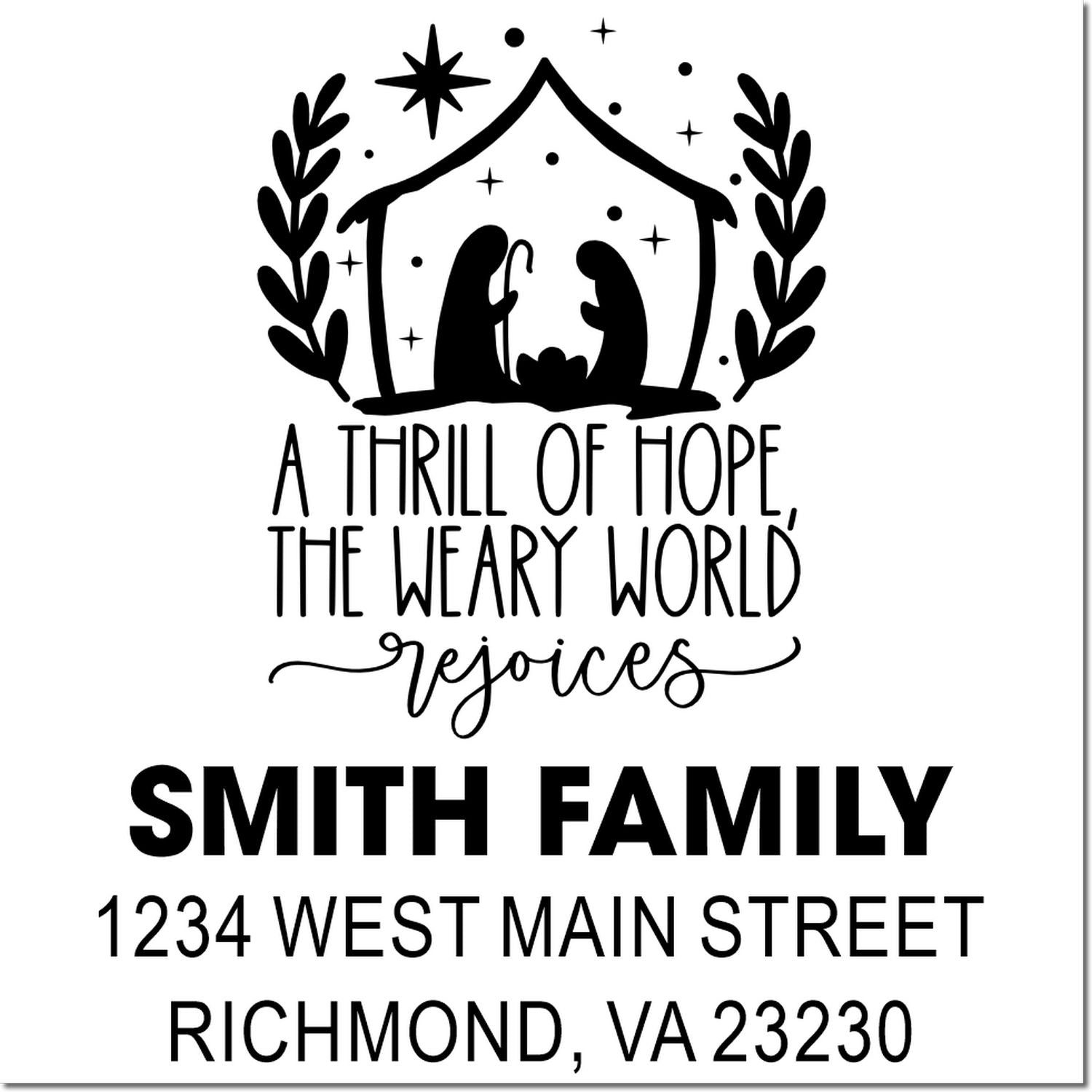Custom Christmas family address rubber stamp with nativity quote, Smith family, Richmond VA return address.