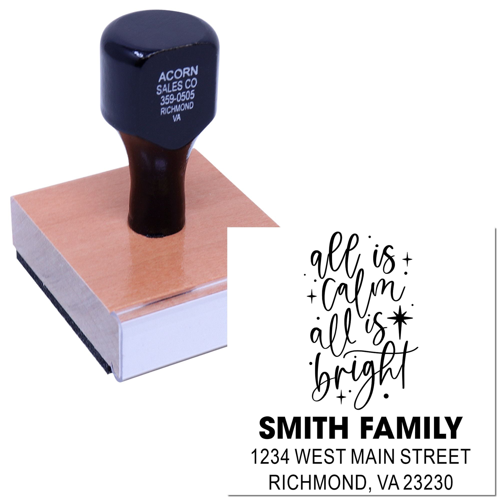 Personalized address rubber stamp with family name and holiday quote for custom envelopes and cards.