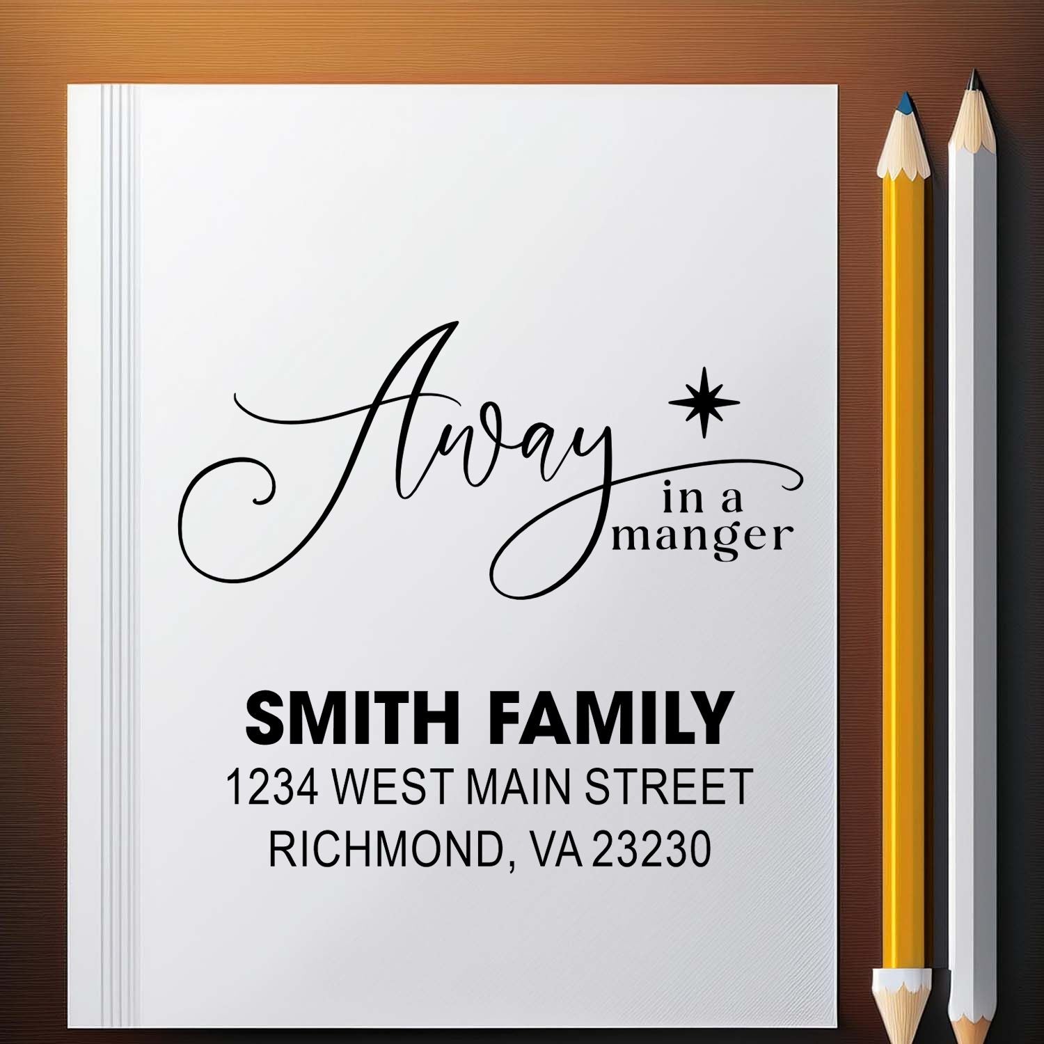 Custom holiday return address rubber stamp with Away in a Manger design for Christmas cards.