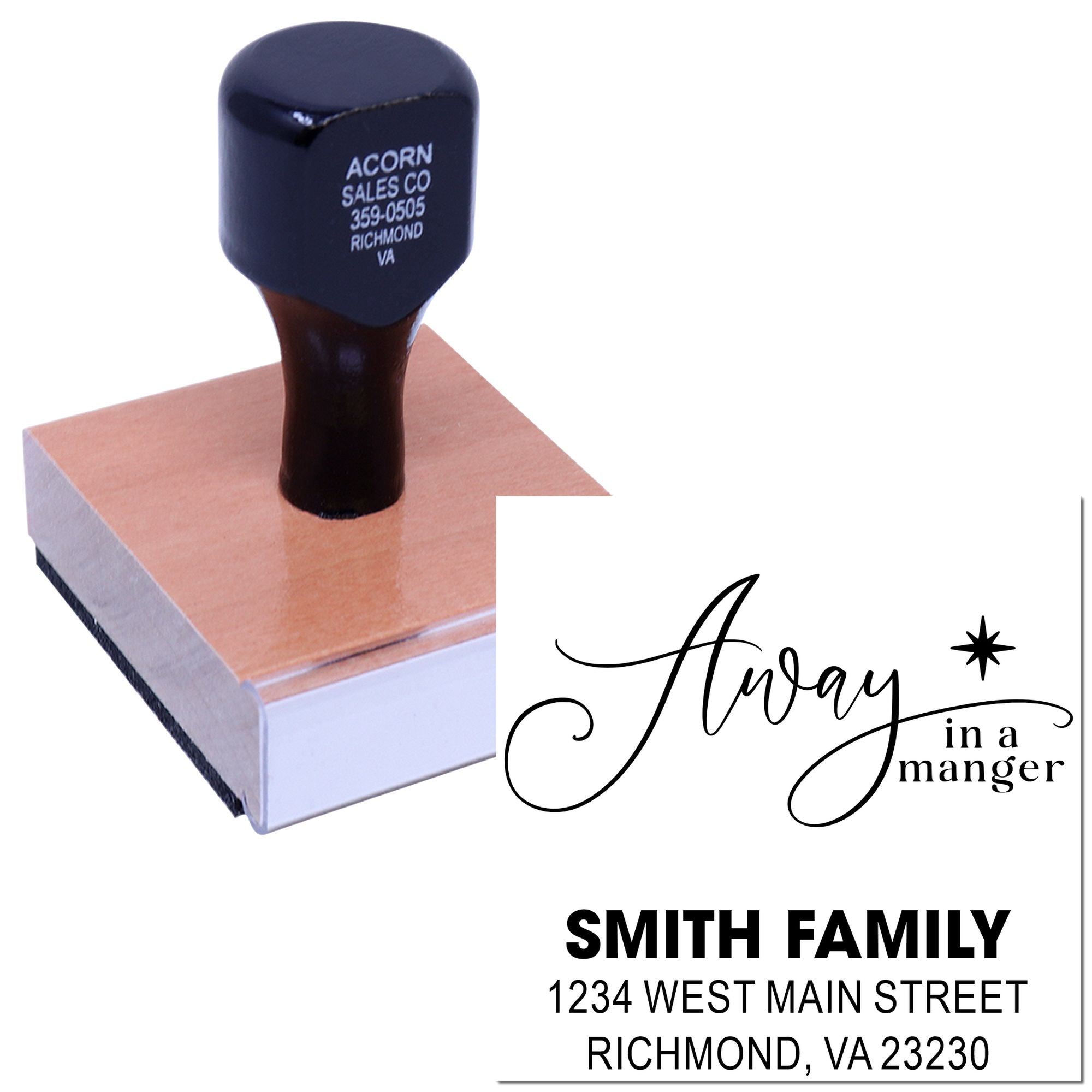 Custom rubber stamp with Away in a Manger holiday design and Smith family return address.