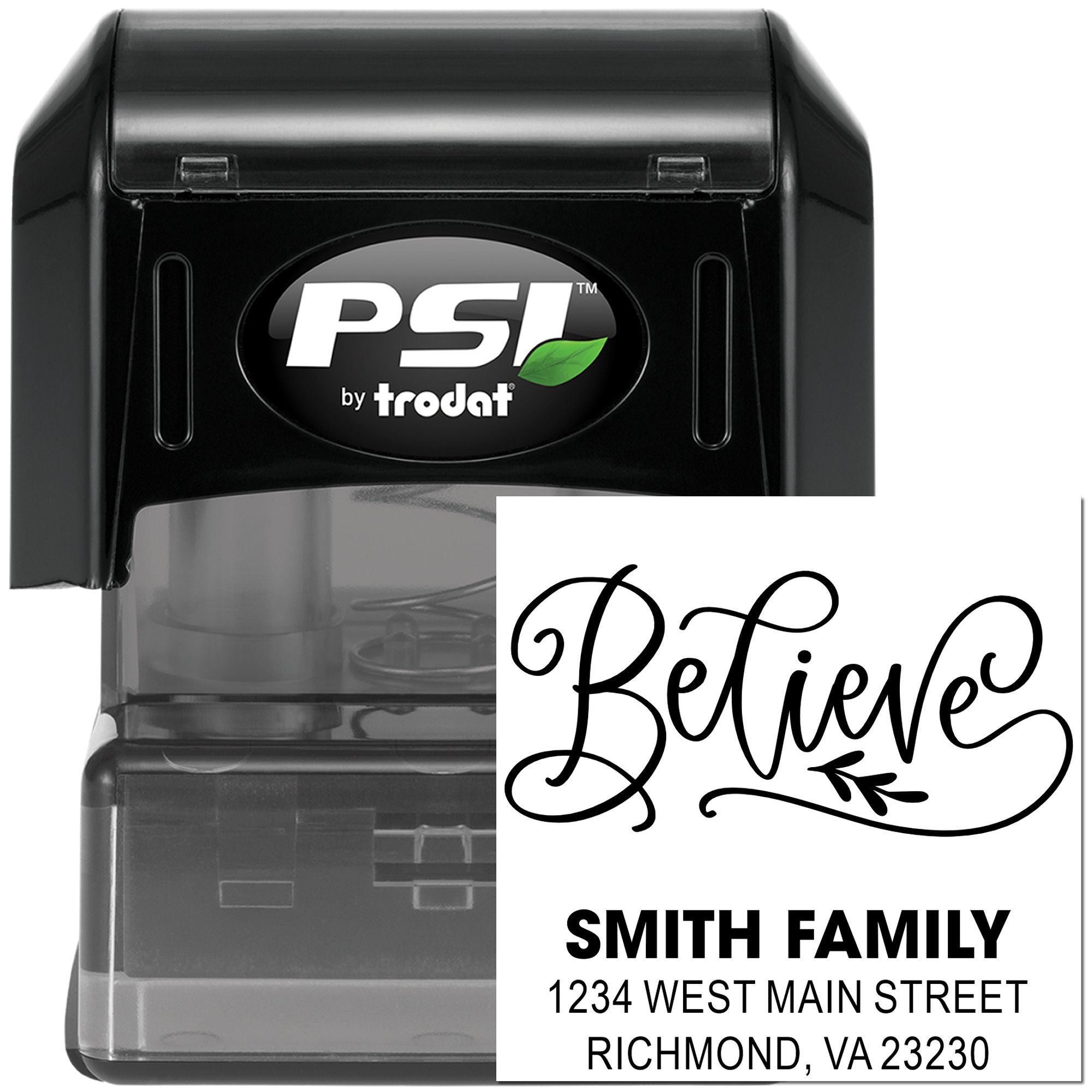 Custom self-inking rubber stamp with Believe design and Smith Family return address by PSI Trodat